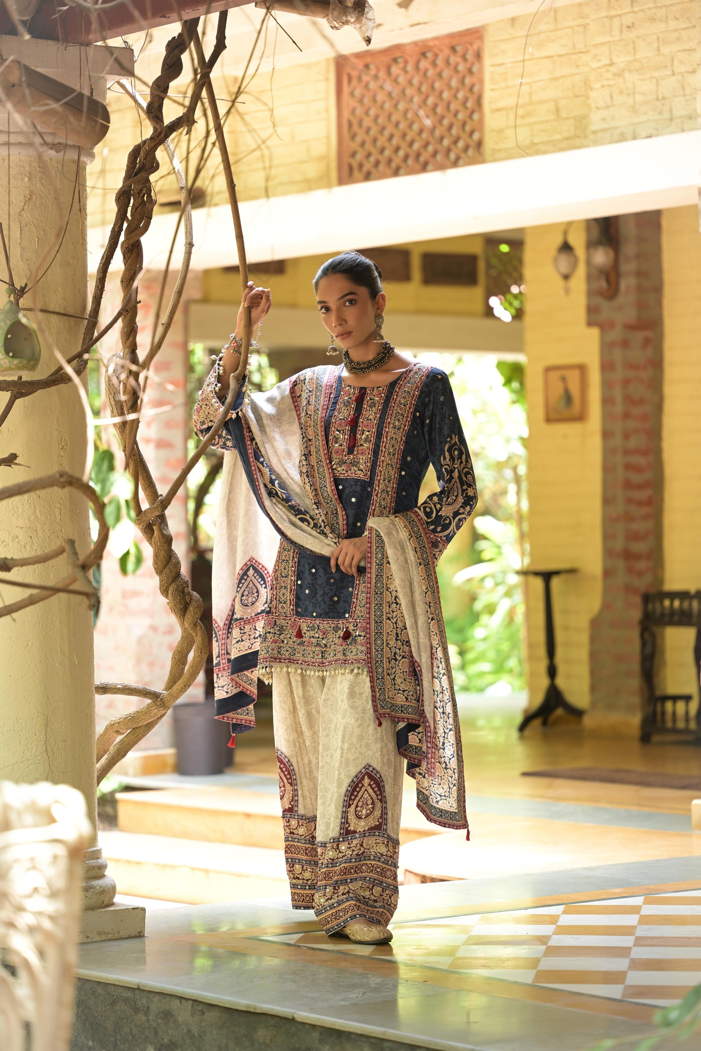Navy Blue & Ivory Embellished Crepe Silk Salwar Set