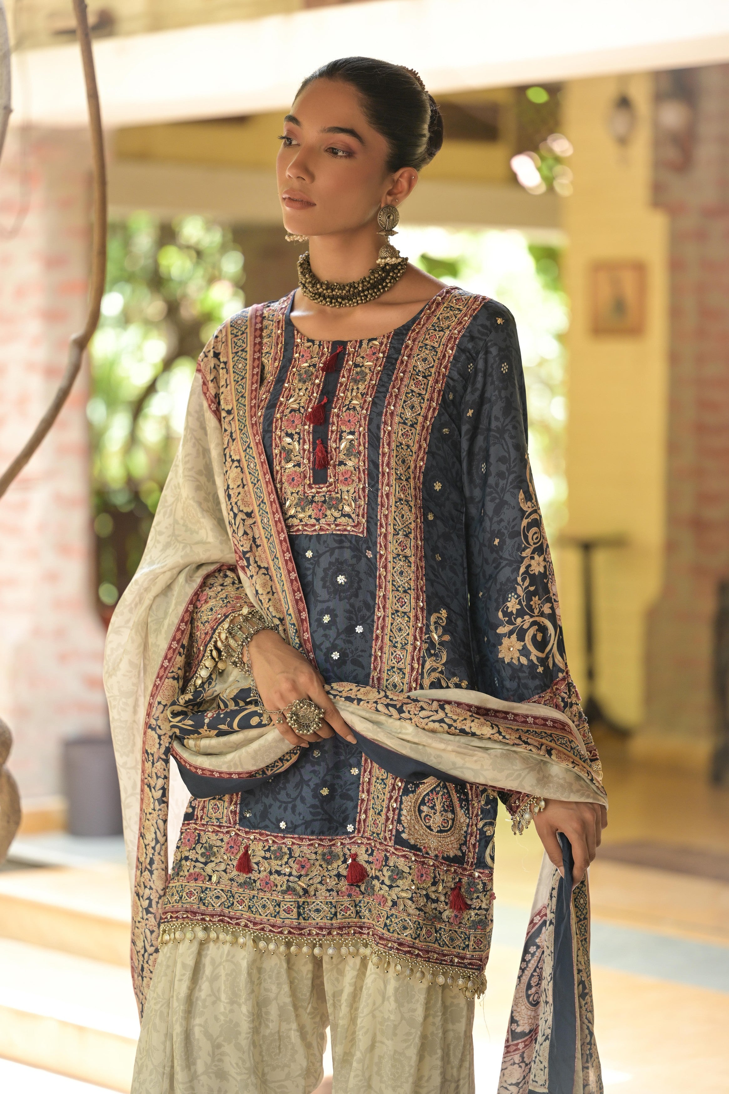 Navy Blue & Ivory Embellished Crepe Silk Salwar Set