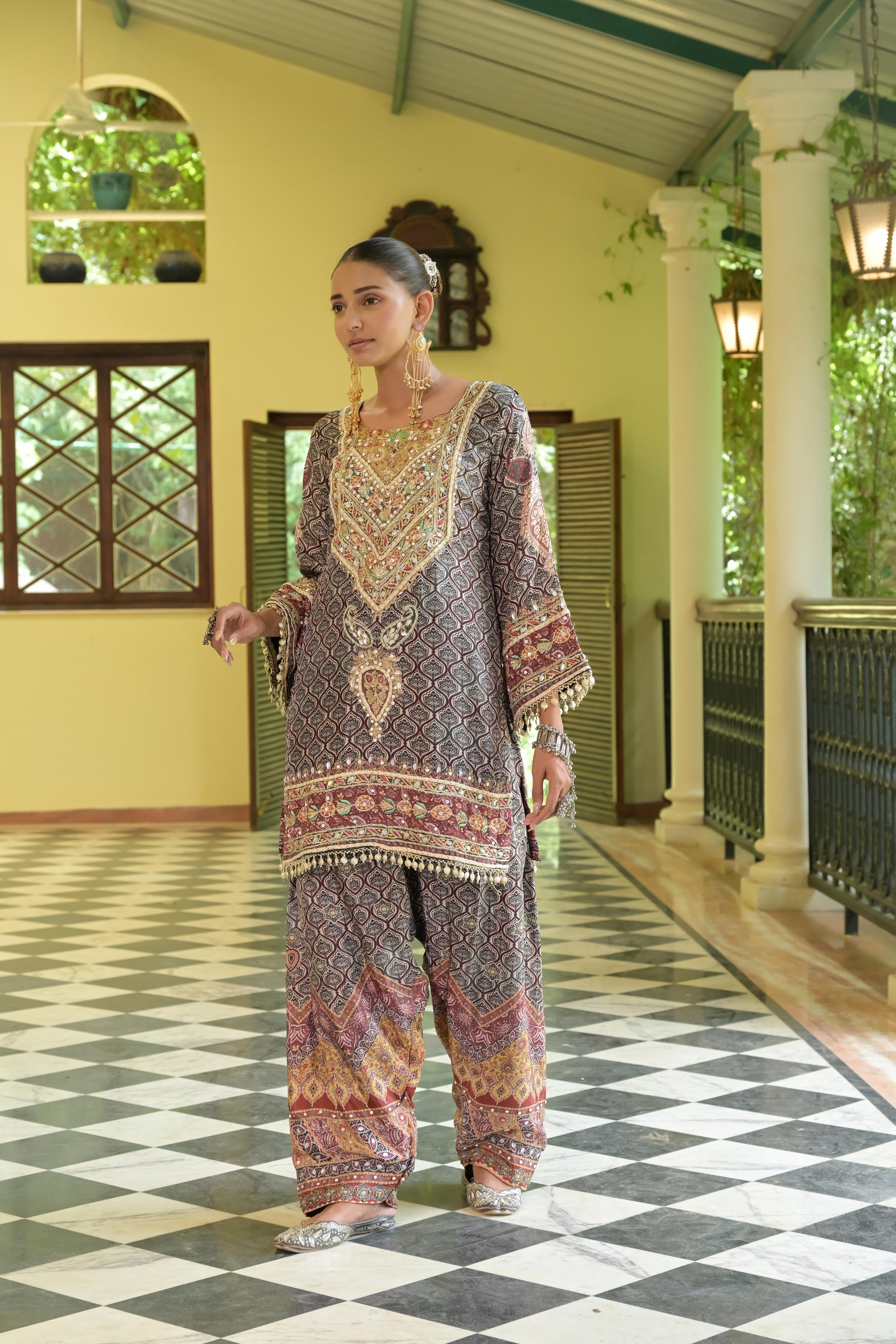 Brown Embellished Crepe Silk Salwar Set
