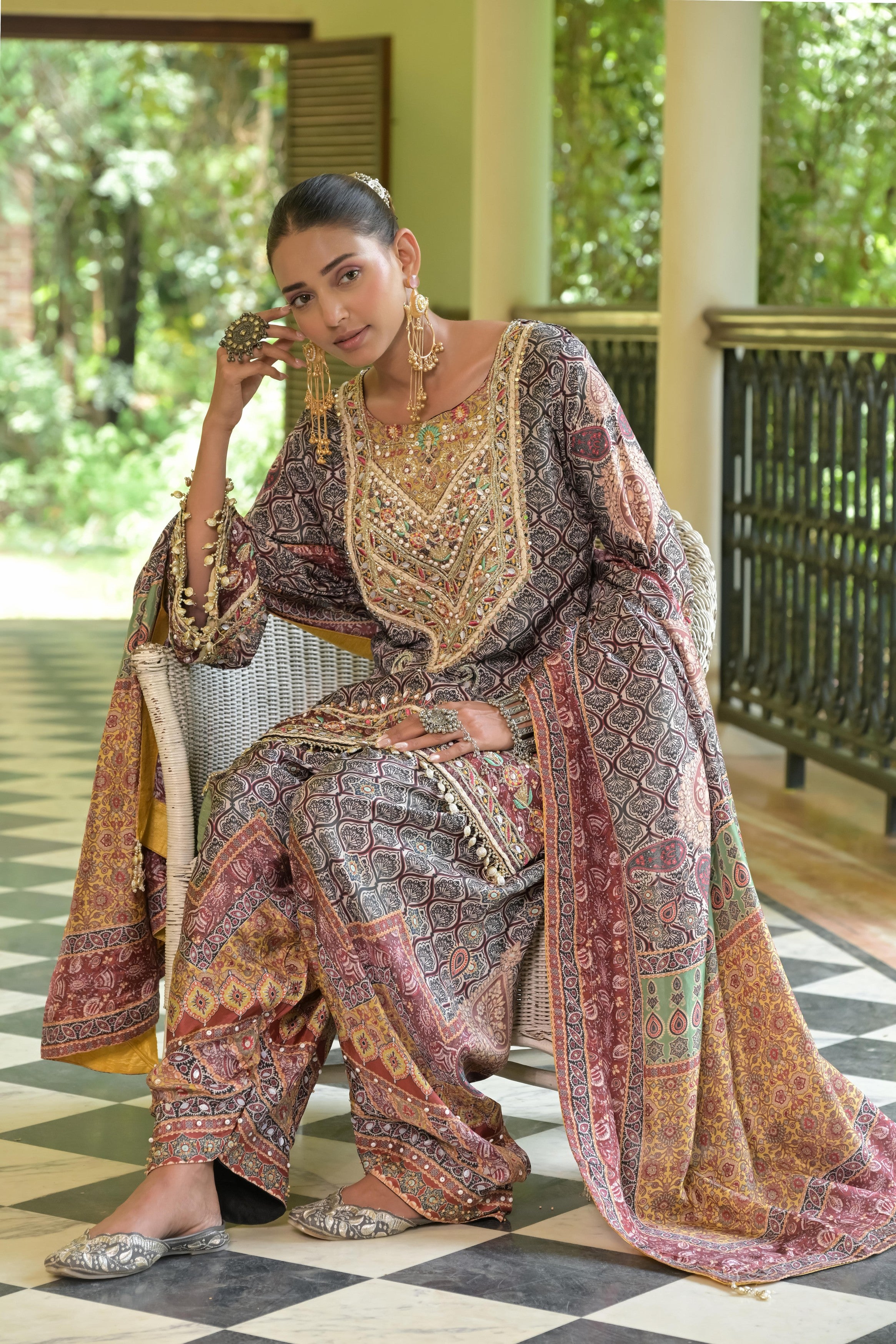 Brown Embellished Crepe Silk Salwar Set