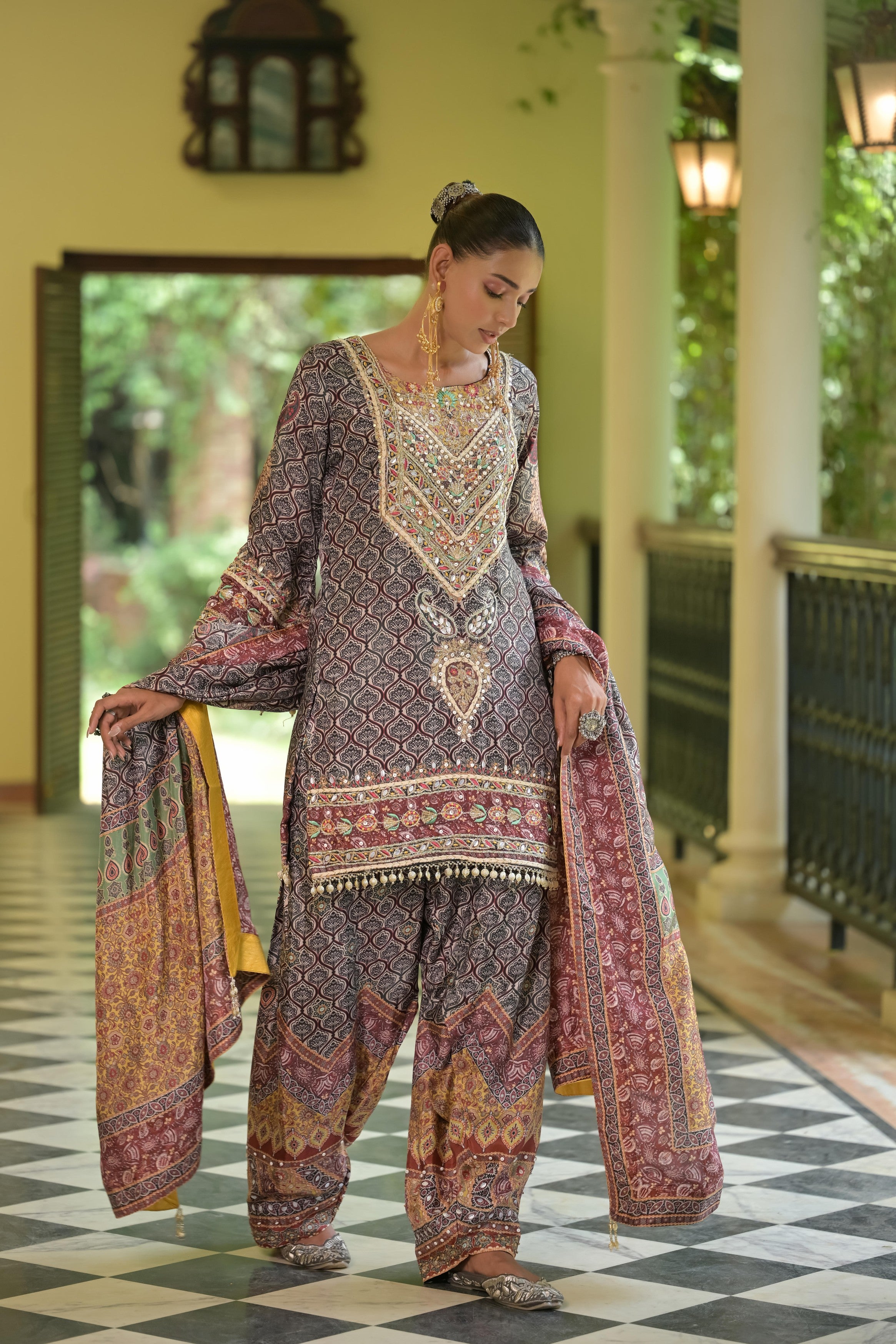 Brown Embellished Crepe Silk Salwar Set