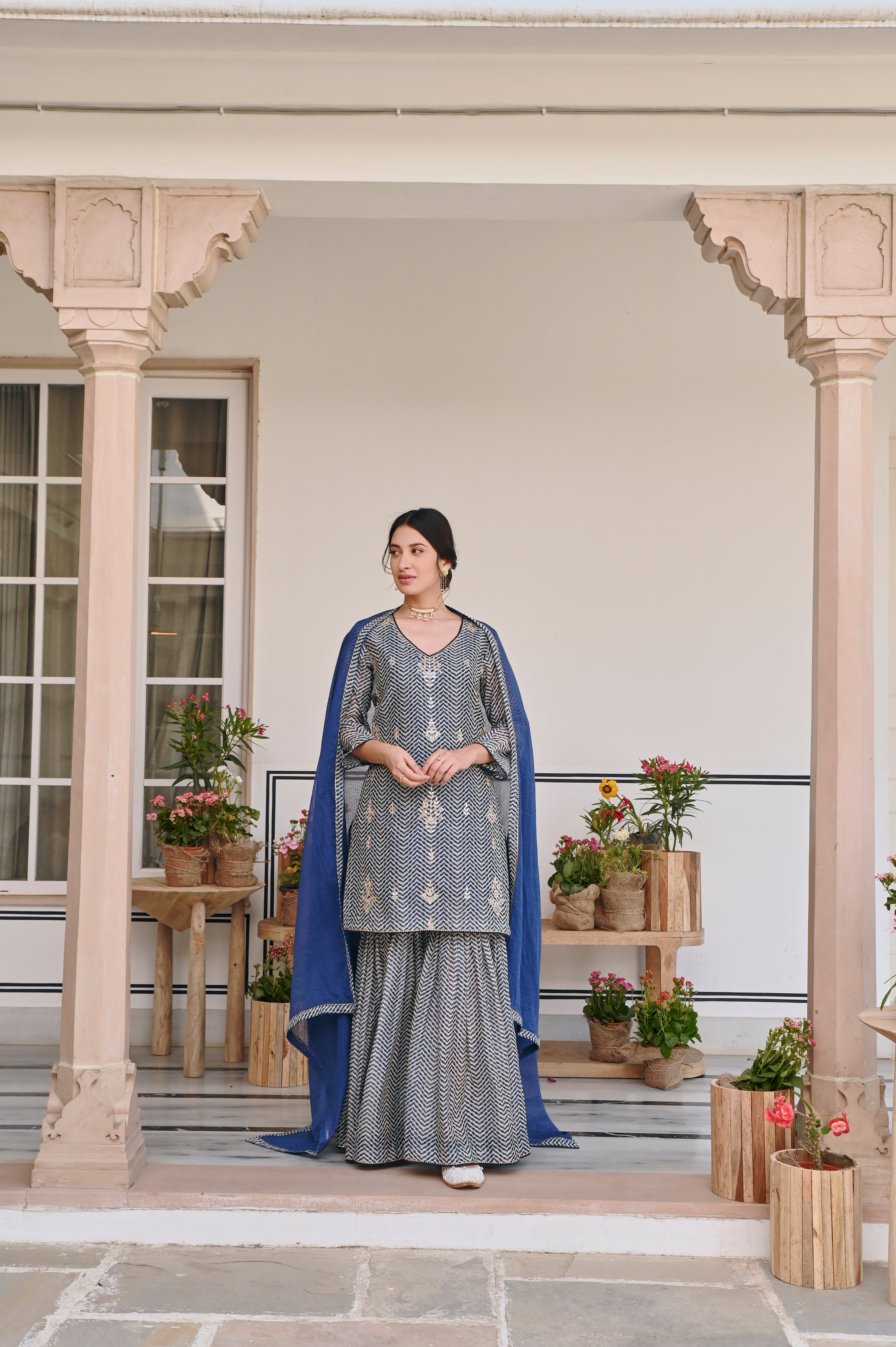 Blue Embellished Chanderi Silk Sharara Set