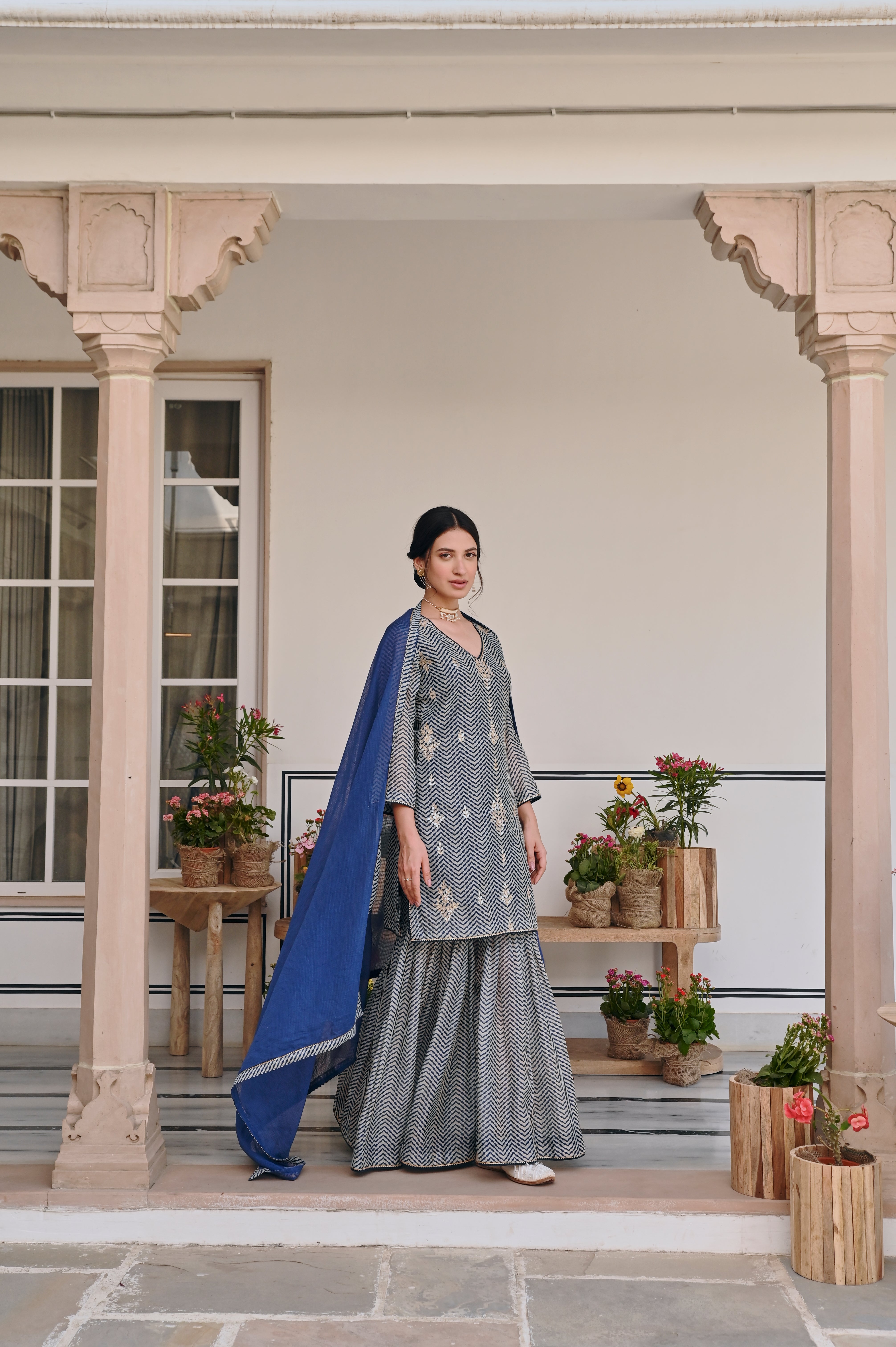 Blue Embellished Chanderi Silk Sharara Set