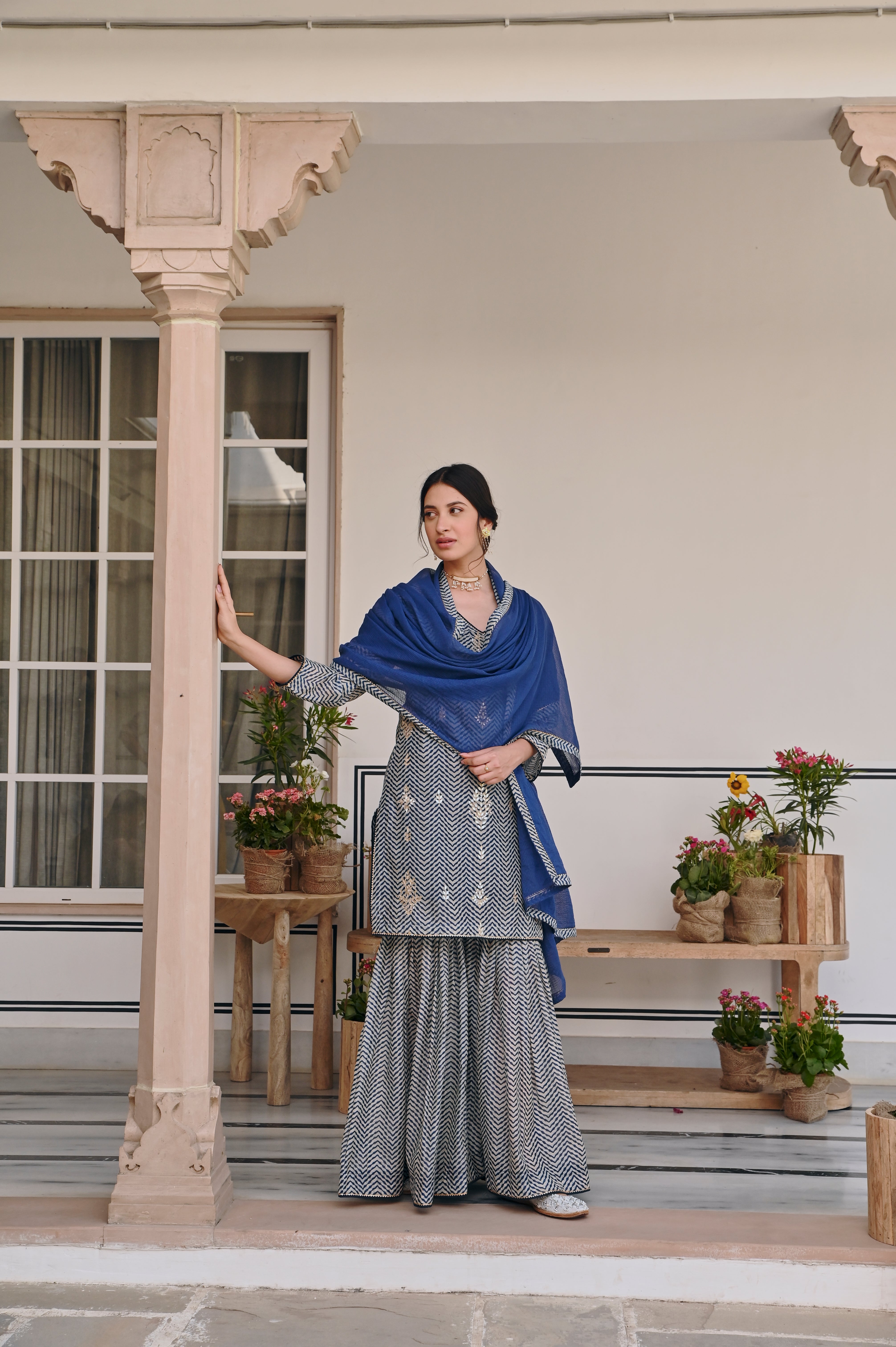 Blue Embellished Chanderi Silk Sharara Set