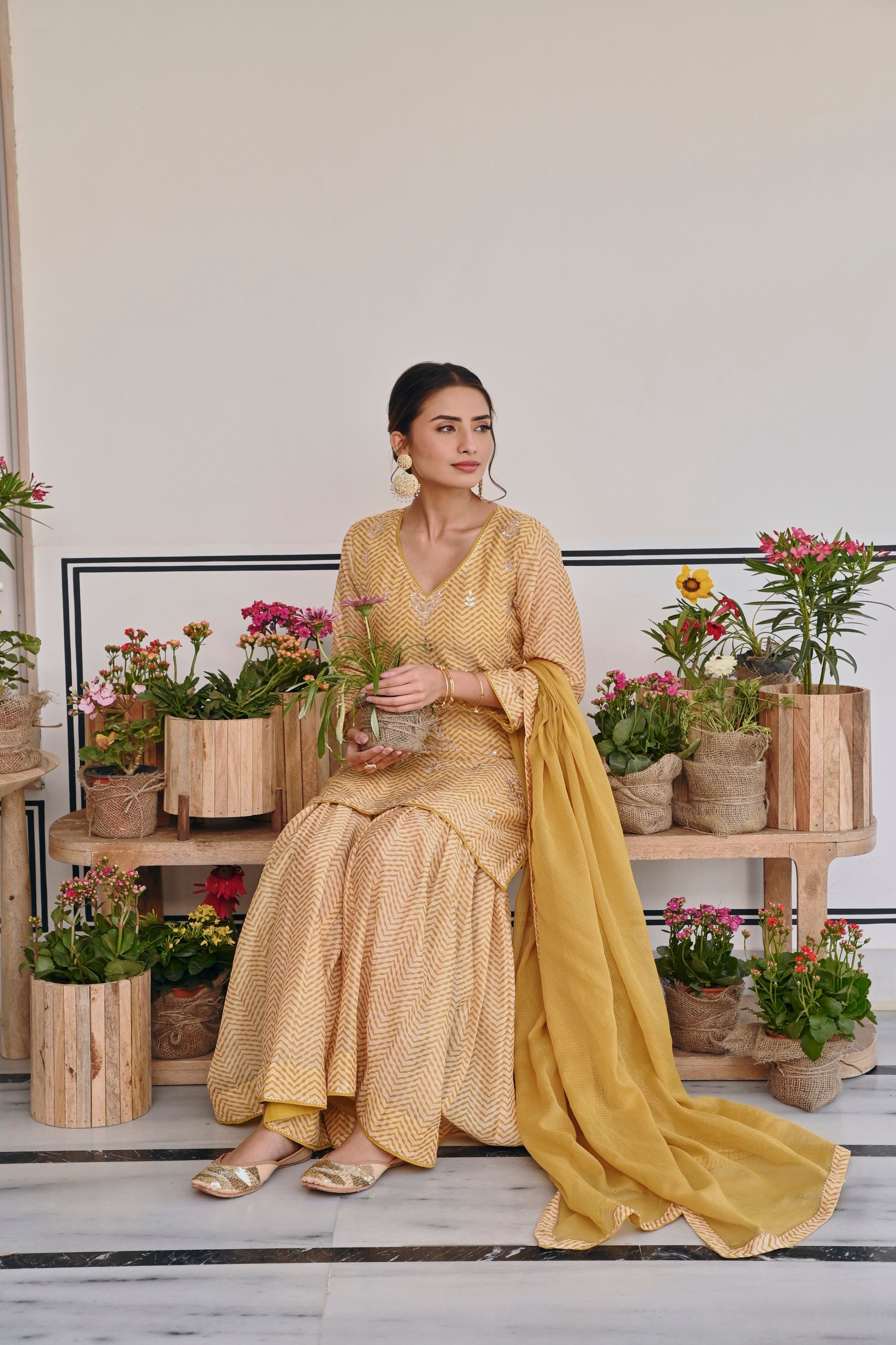 Mustard Embellished Chanderi Silk Sharara Set