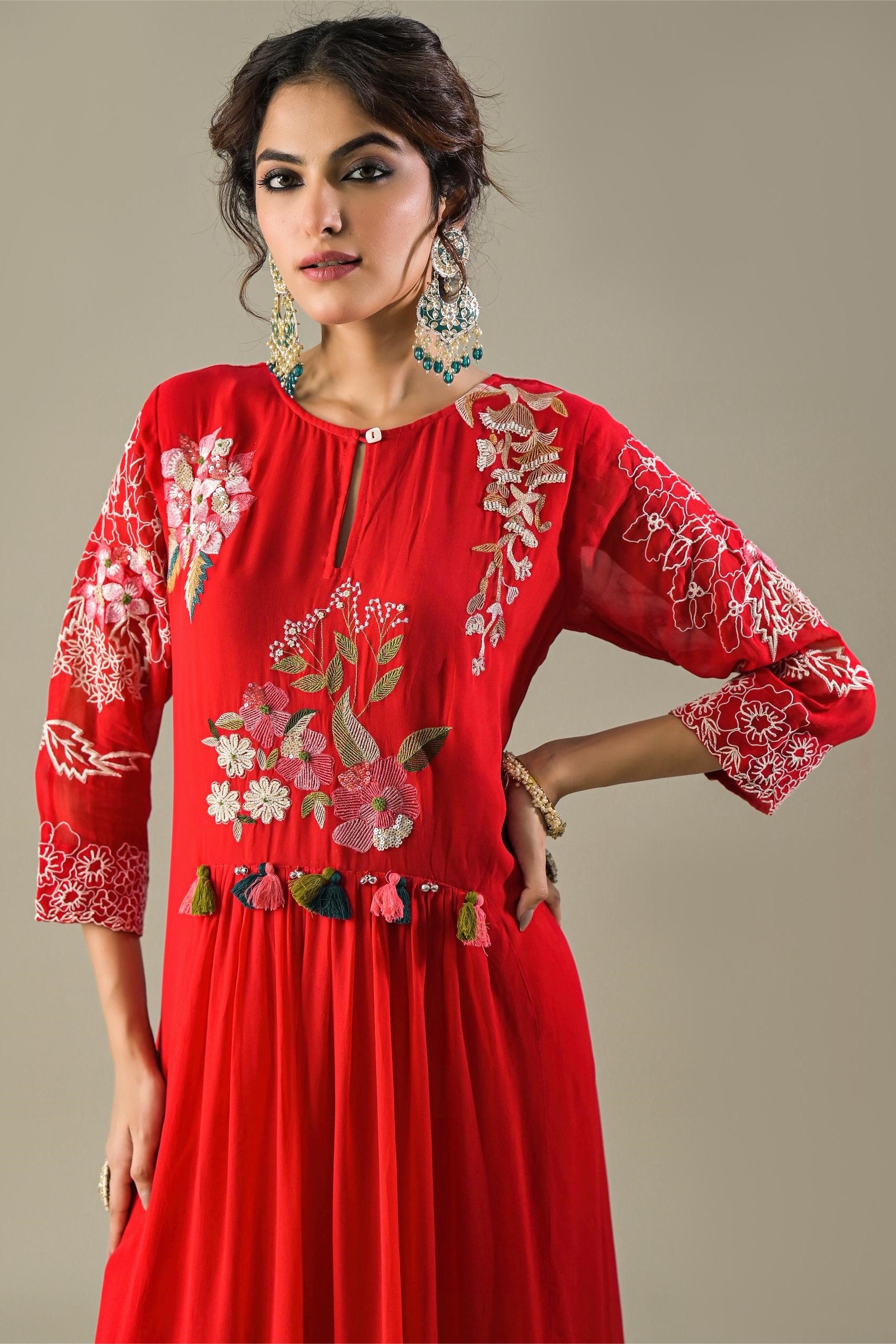 Red Embroidered Georgette Silk Kurta & Pants Set