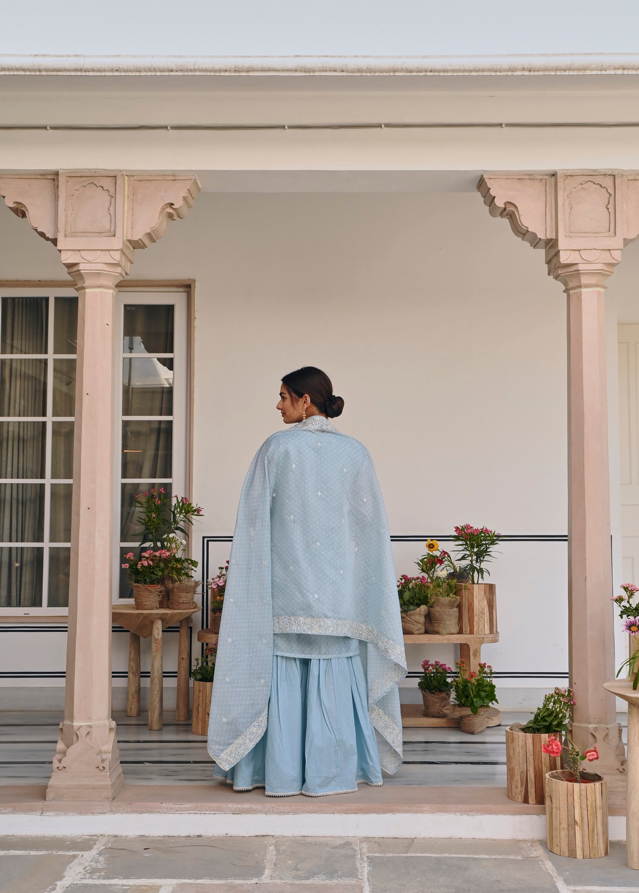 Sky Blue Printed Chanderi Silk Sharara Set