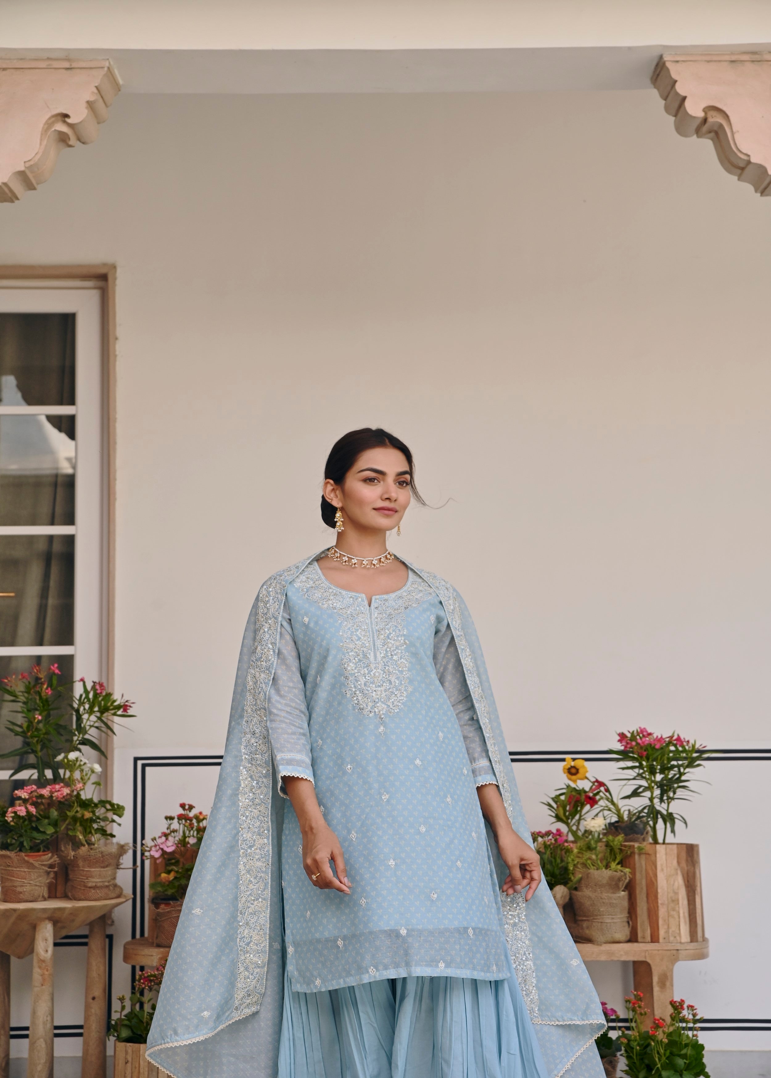 Sky Blue Printed Chanderi Silk Sharara Set
