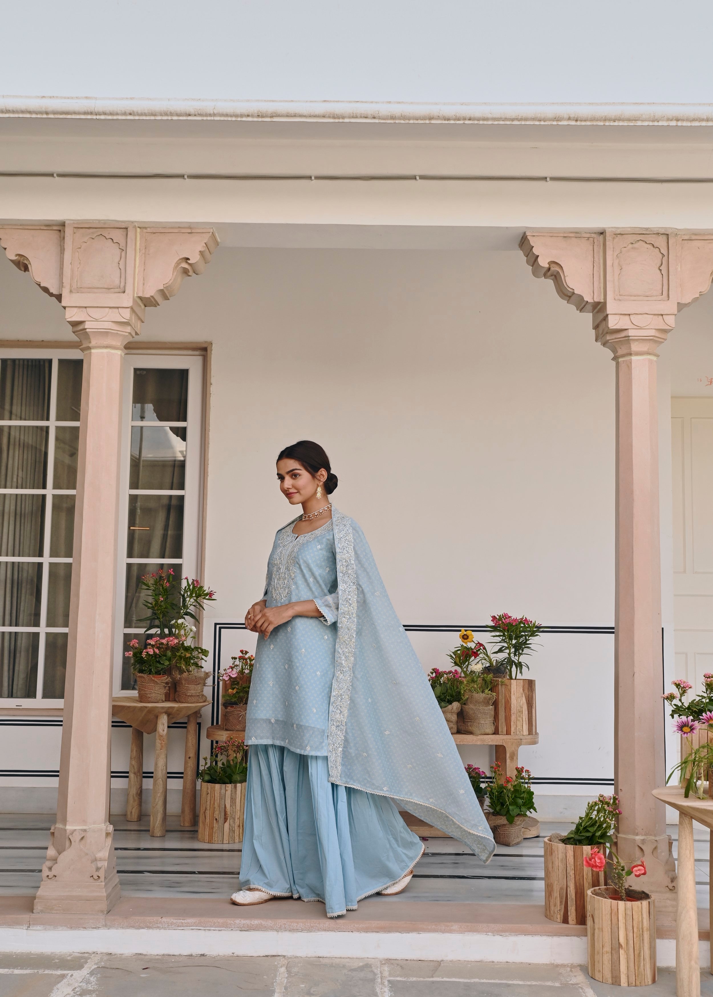 Sky Blue Printed Chanderi Silk Sharara Set