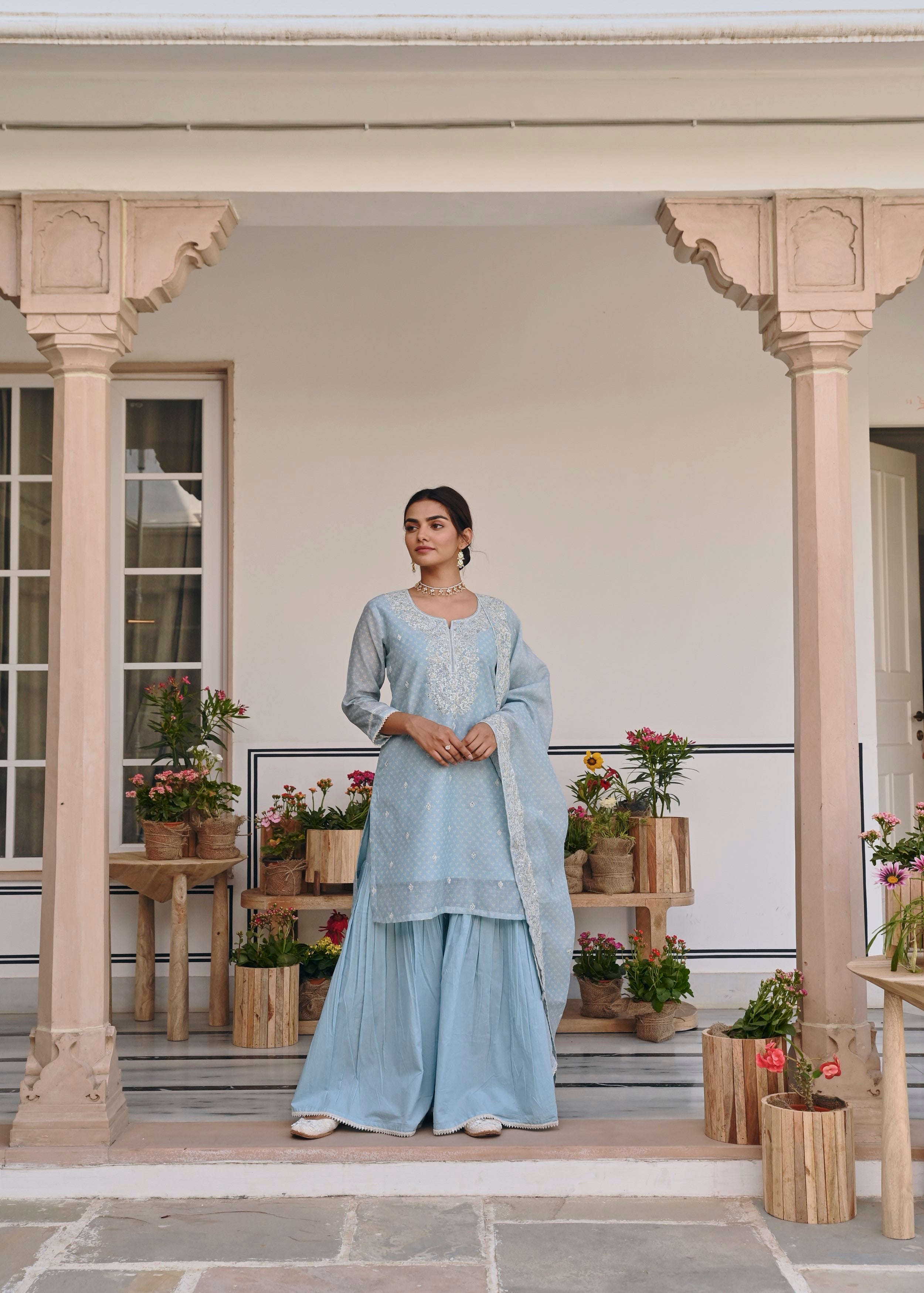 Sky Blue Printed Chanderi Silk Sharara Set