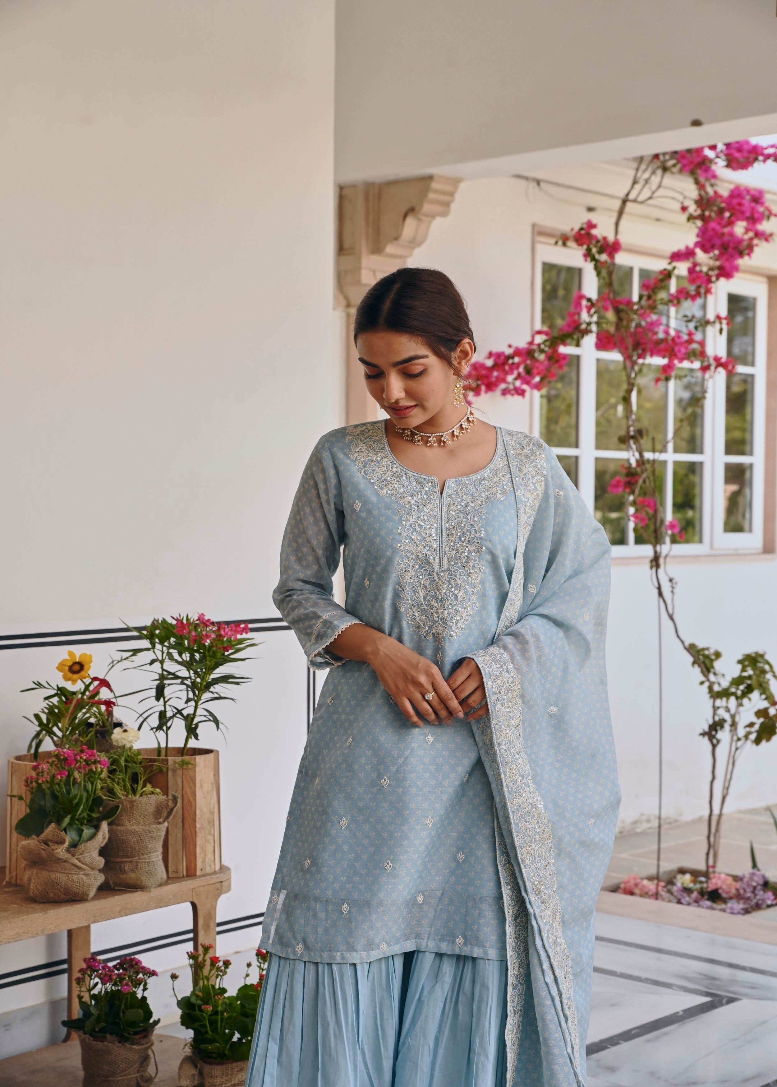 Sky Blue Printed Chanderi Silk Sharara Set