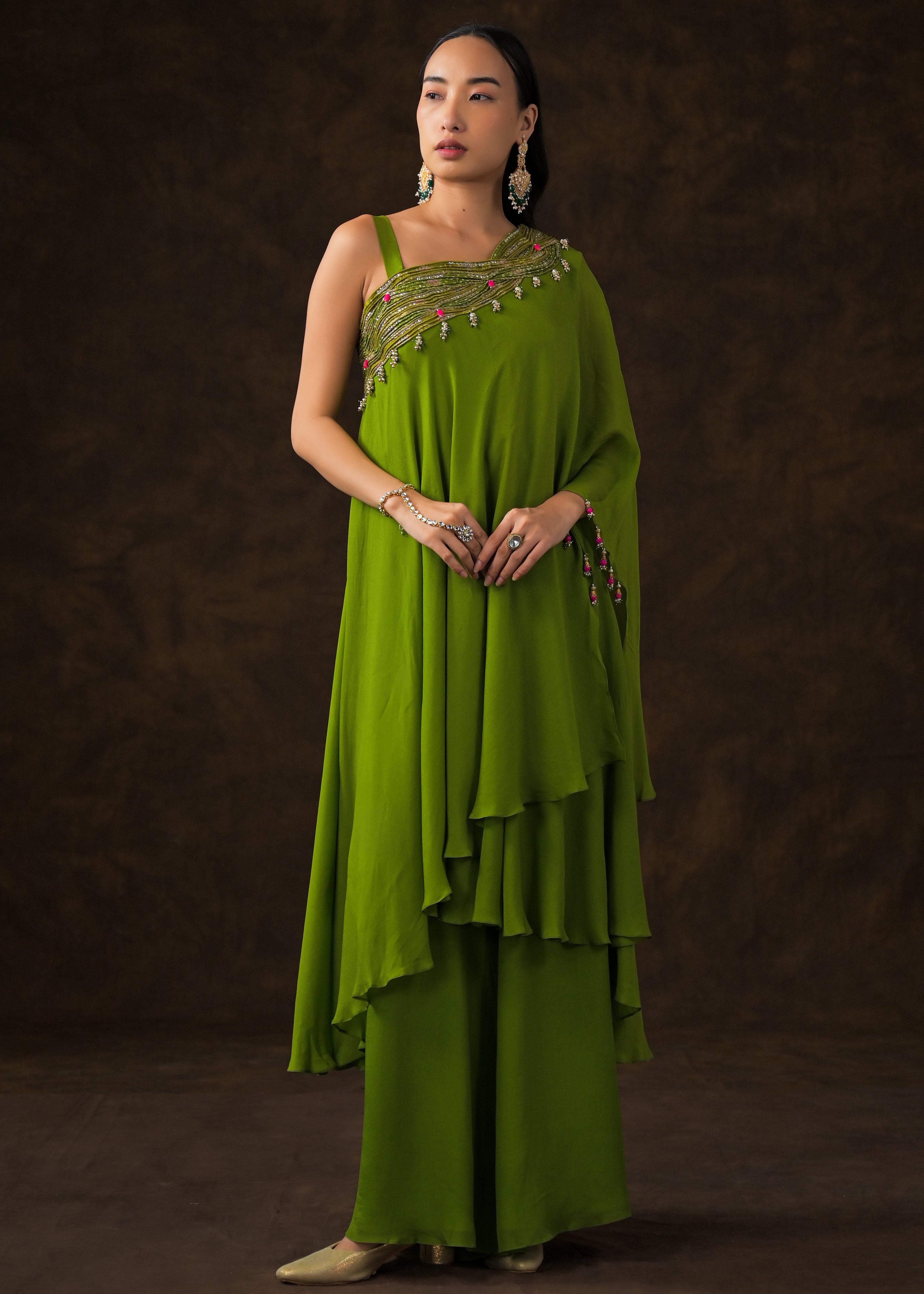 Lime Green Embellished Georgette Silk Palazzo Set