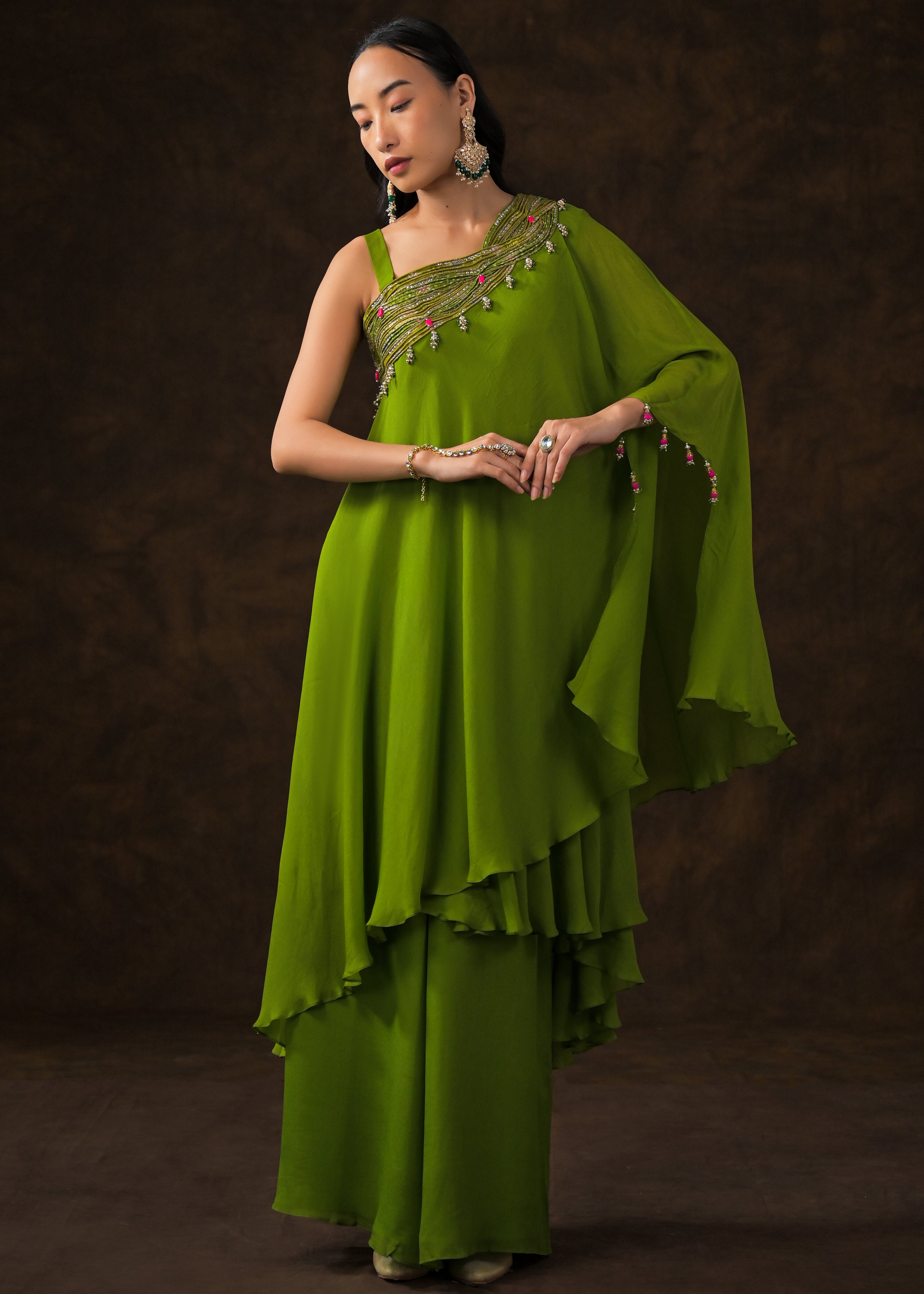 Lime Green Embellished Georgette Silk Palazzo Set