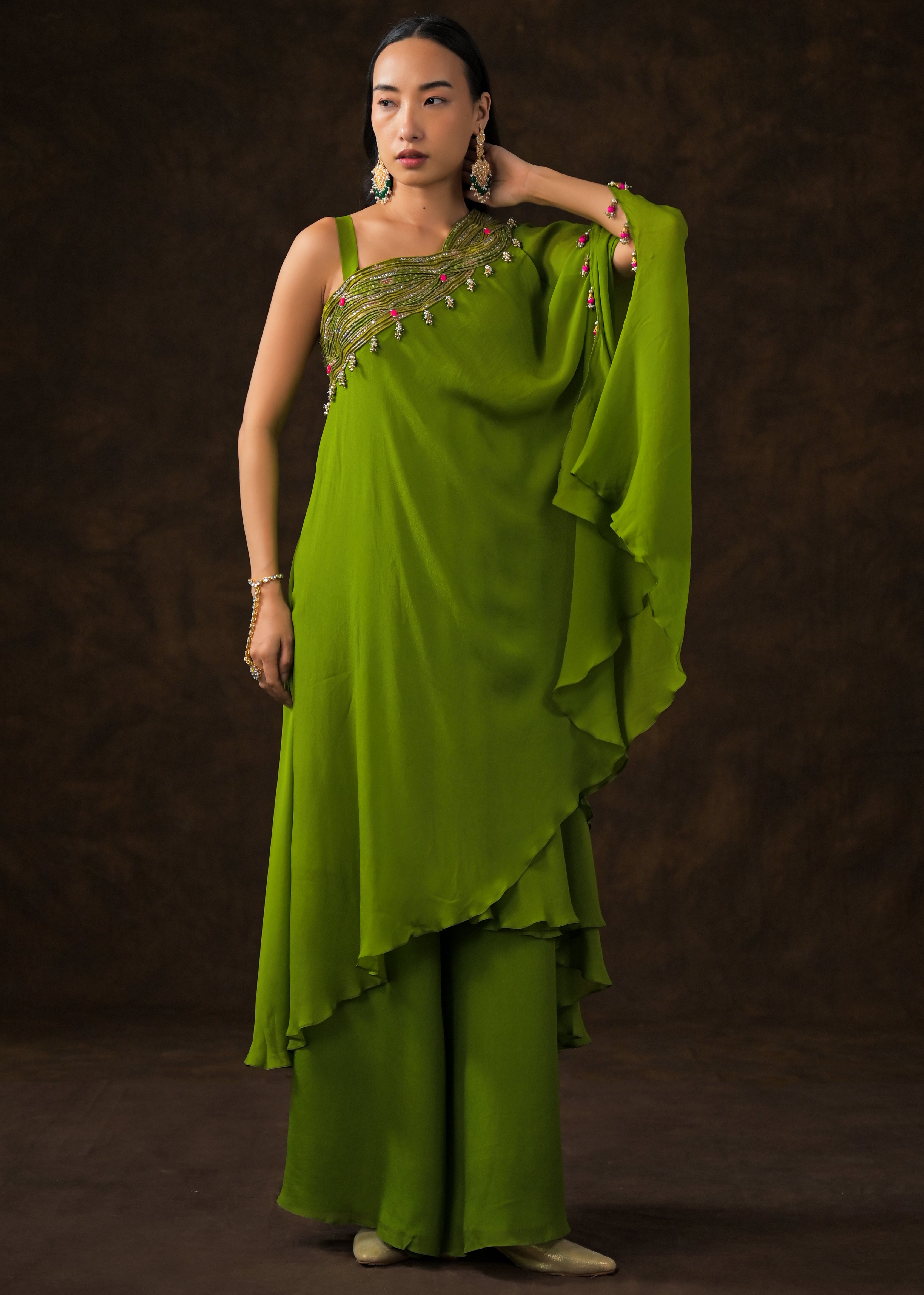 Lime Green Embellished Georgette Silk Palazzo Set