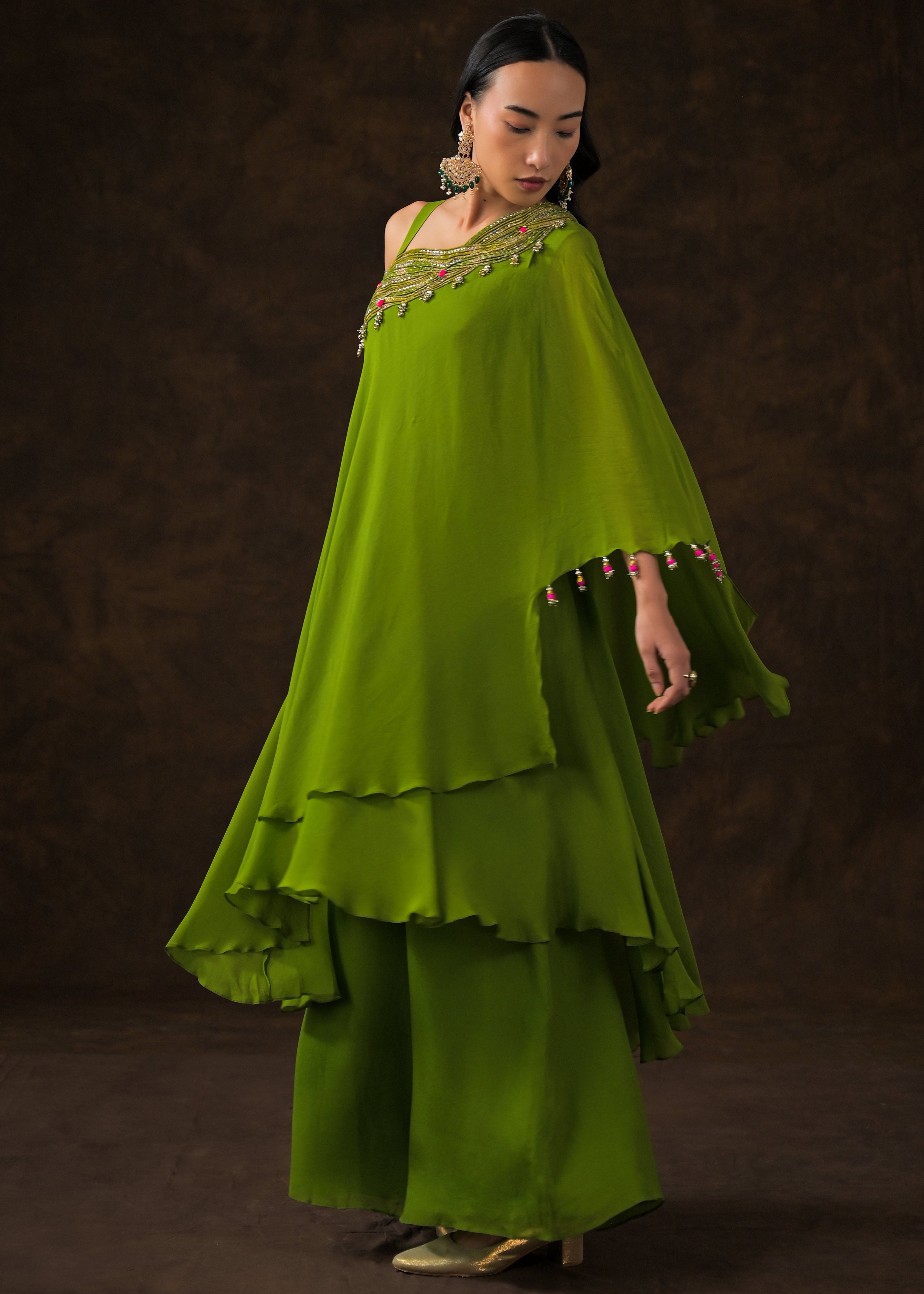 Lime Green Embellished Georgette Silk Palazzo Set