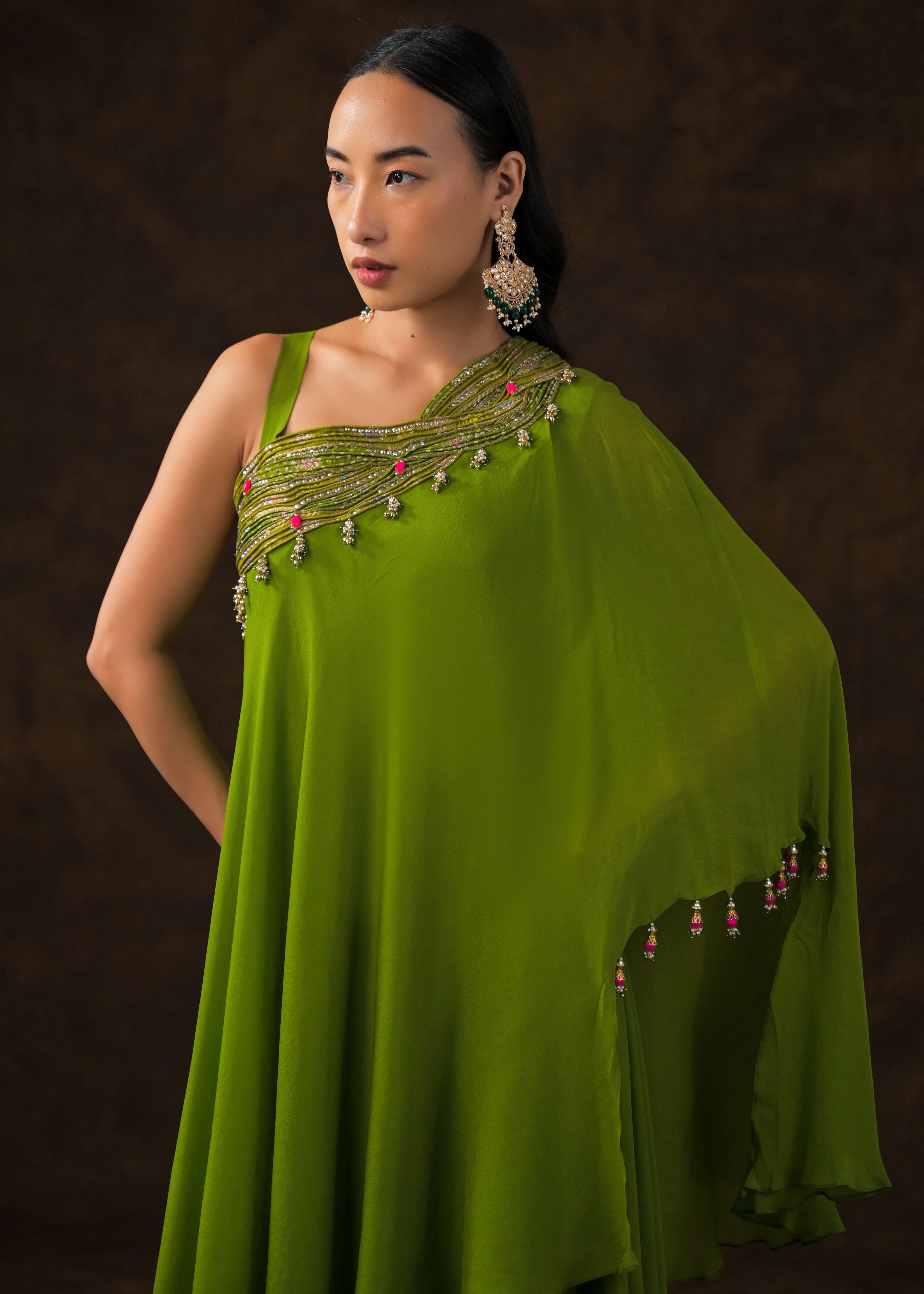 Lime Green Embellished Georgette Silk Palazzo Set