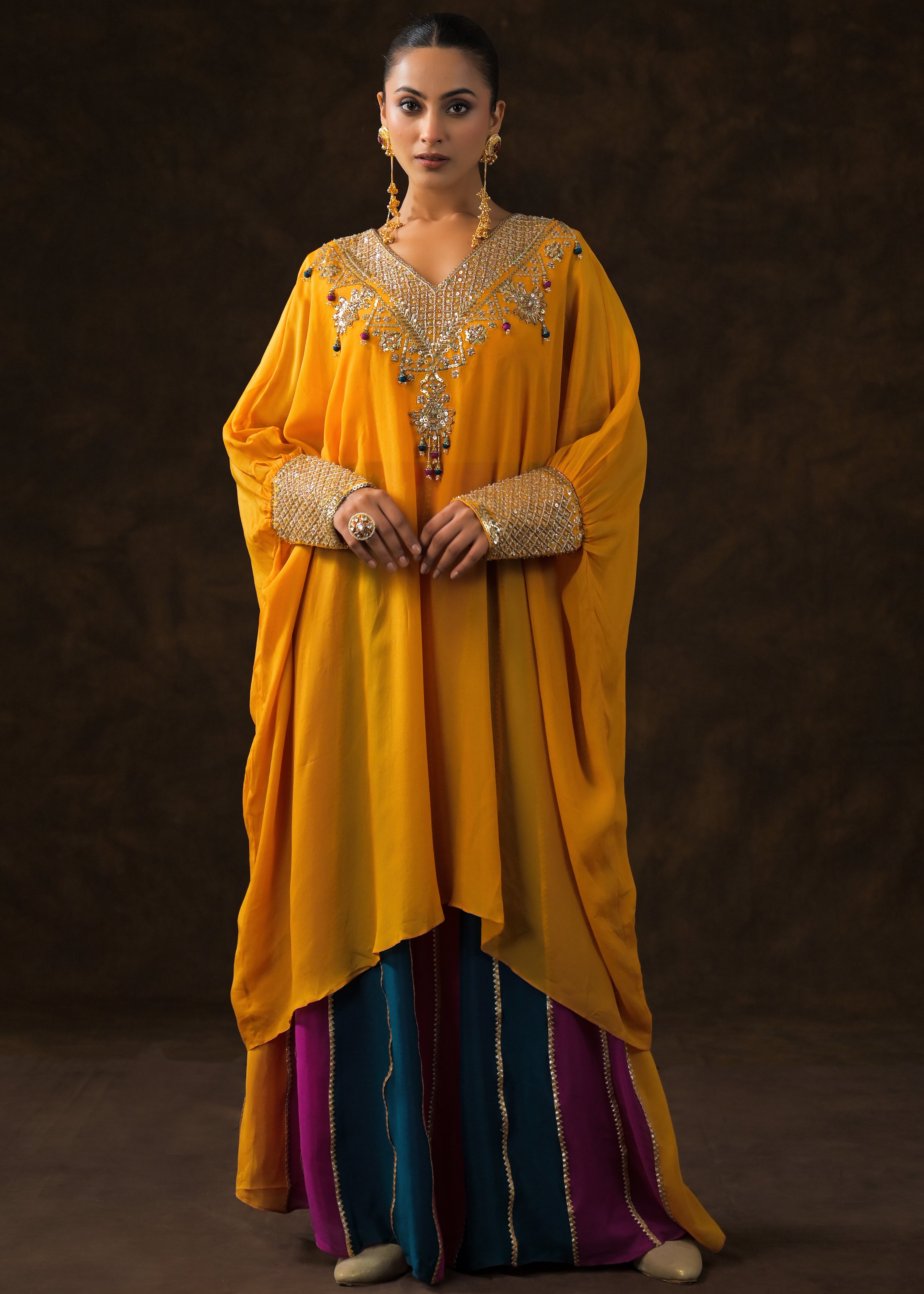 Golden Yellow Embellished Chinon Silk Palazzo Set