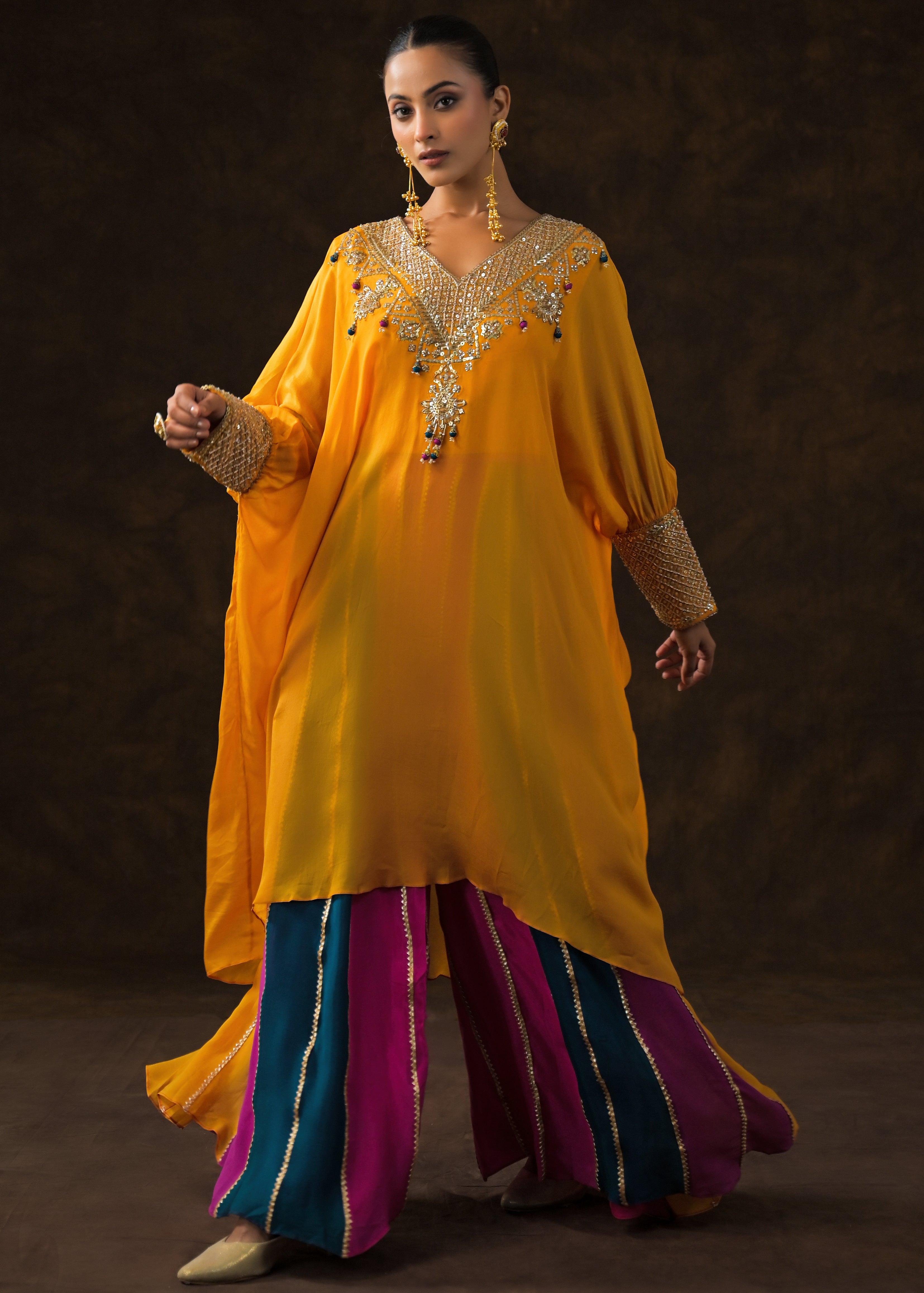 Golden Yellow Embellished Chinon Silk Palazzo Set
