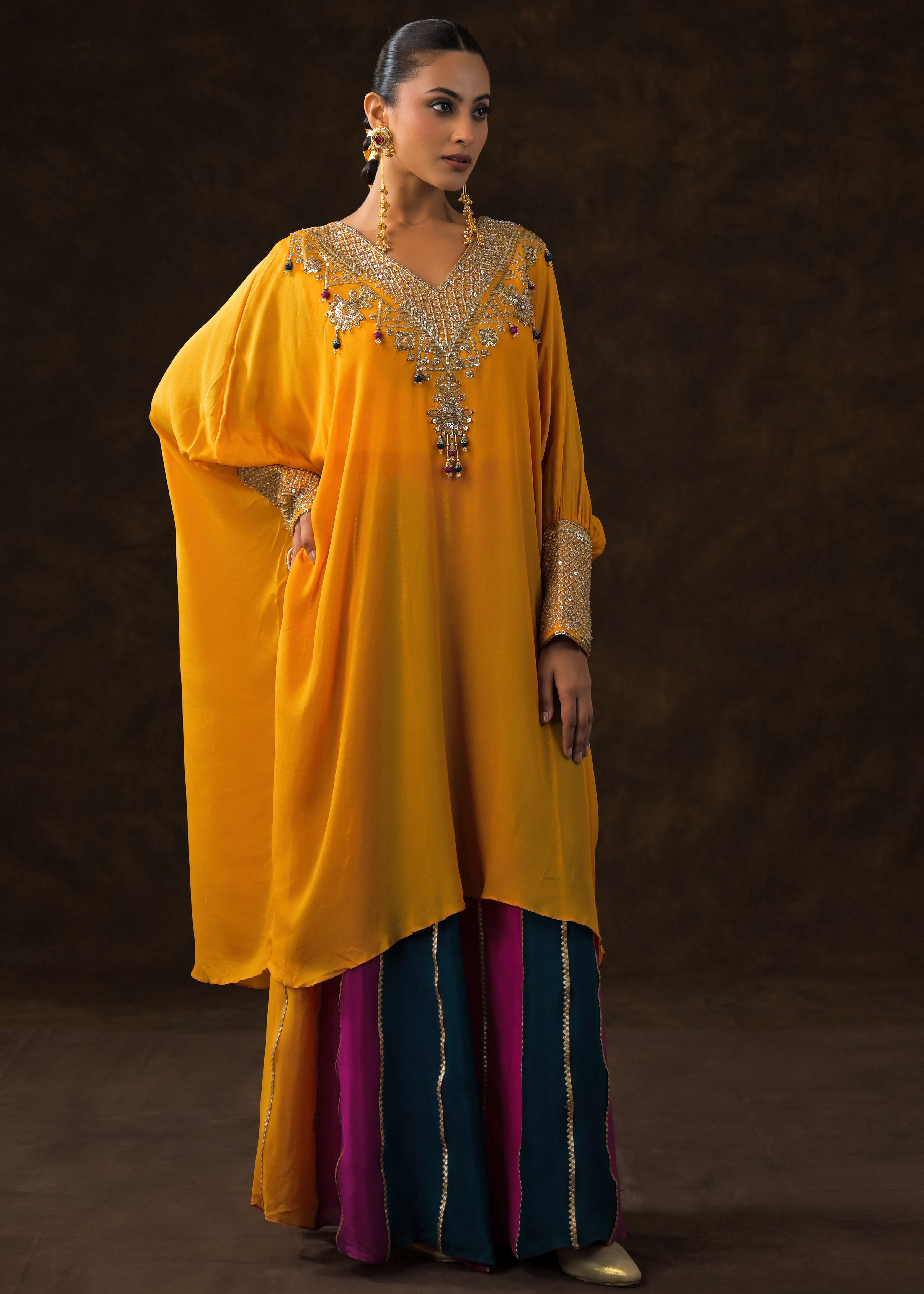 Golden Yellow Embellished Chinon Silk Palazzo Set