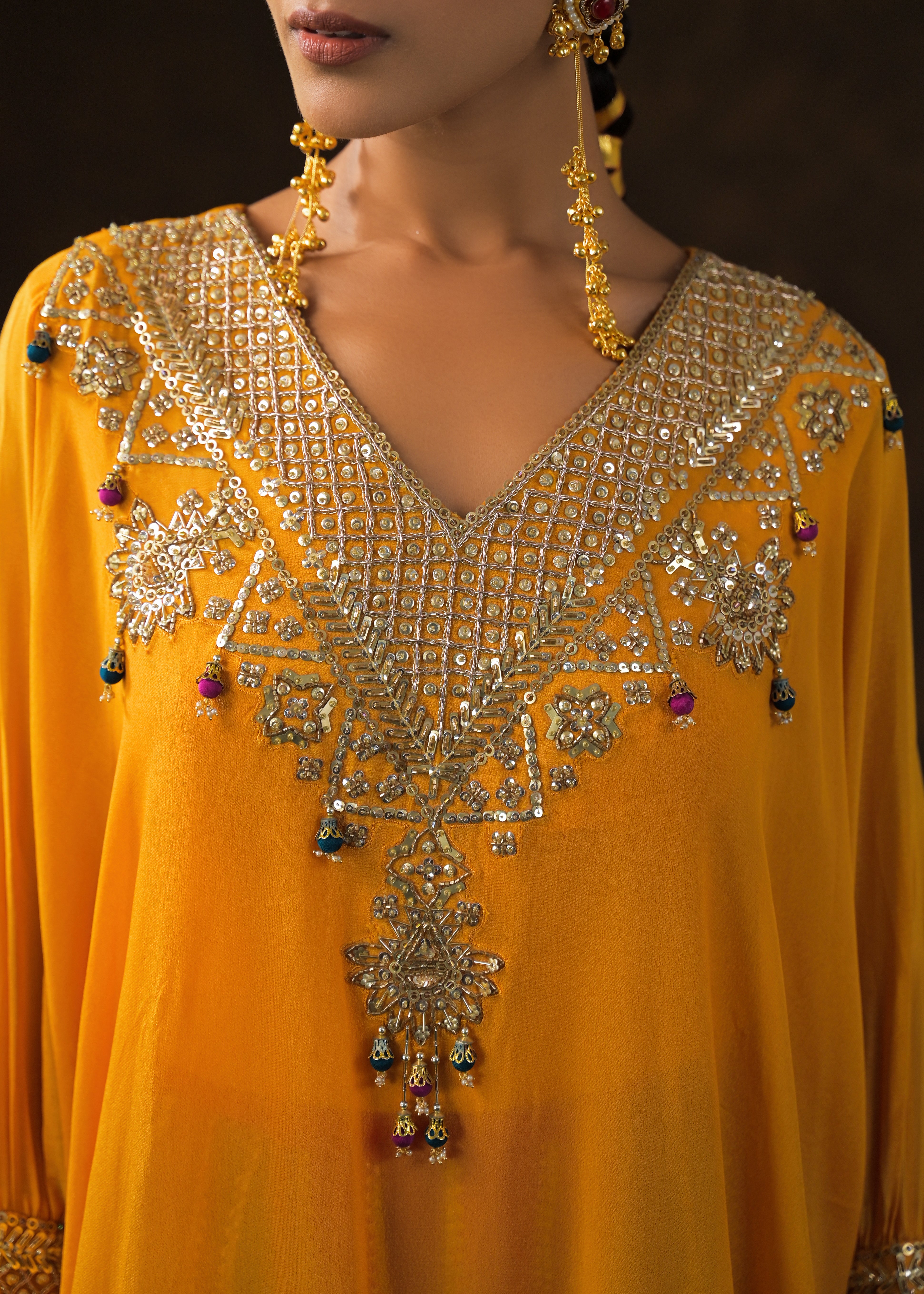 Golden Yellow Embellished Chinon Silk Palazzo Set
