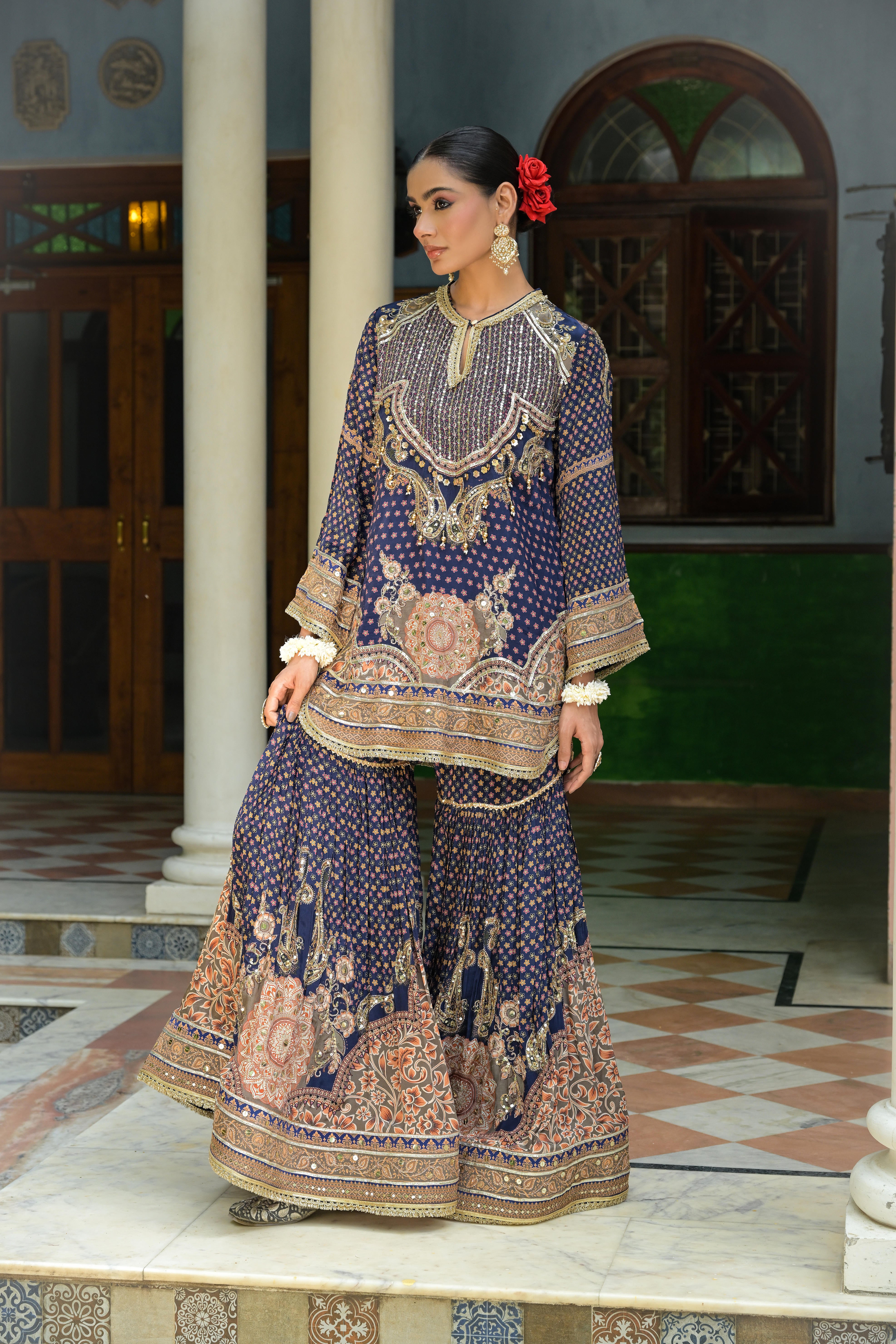 Deep Navy Embellished Crepe Silk Sharara Set