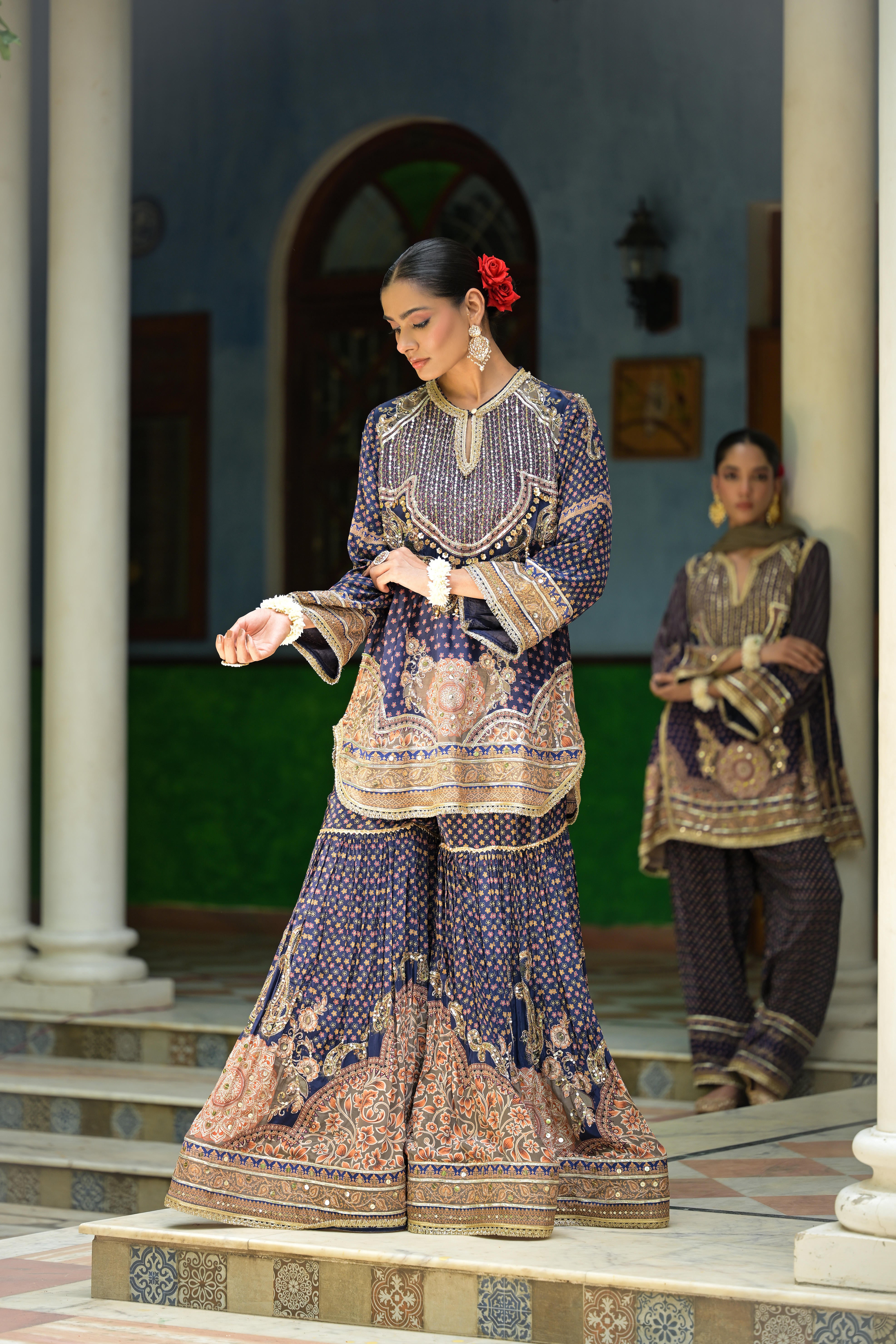 Deep Navy Embellished Crepe Silk Sharara Set