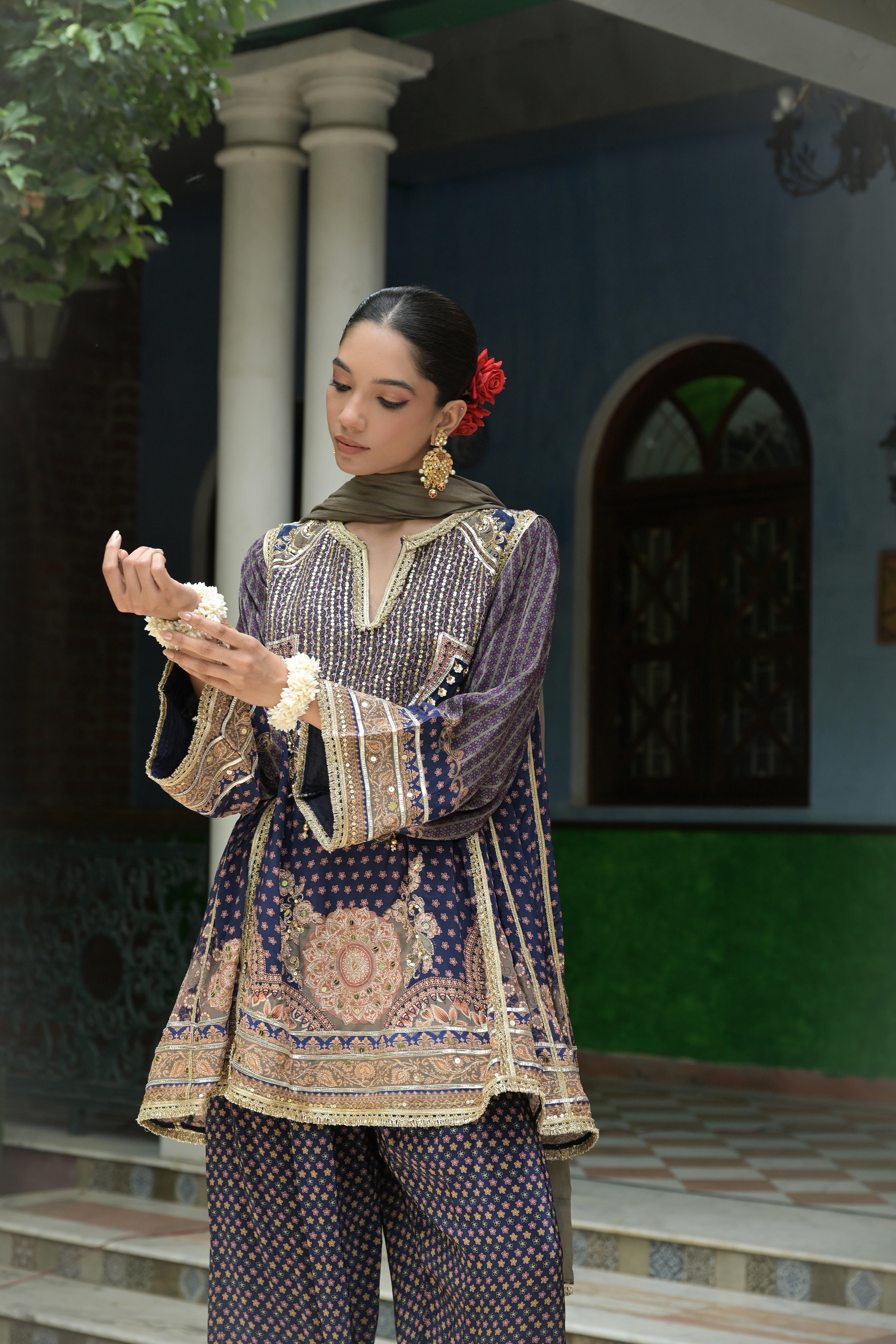 Navy Blue Embellished Crepe Silk Salwar Set