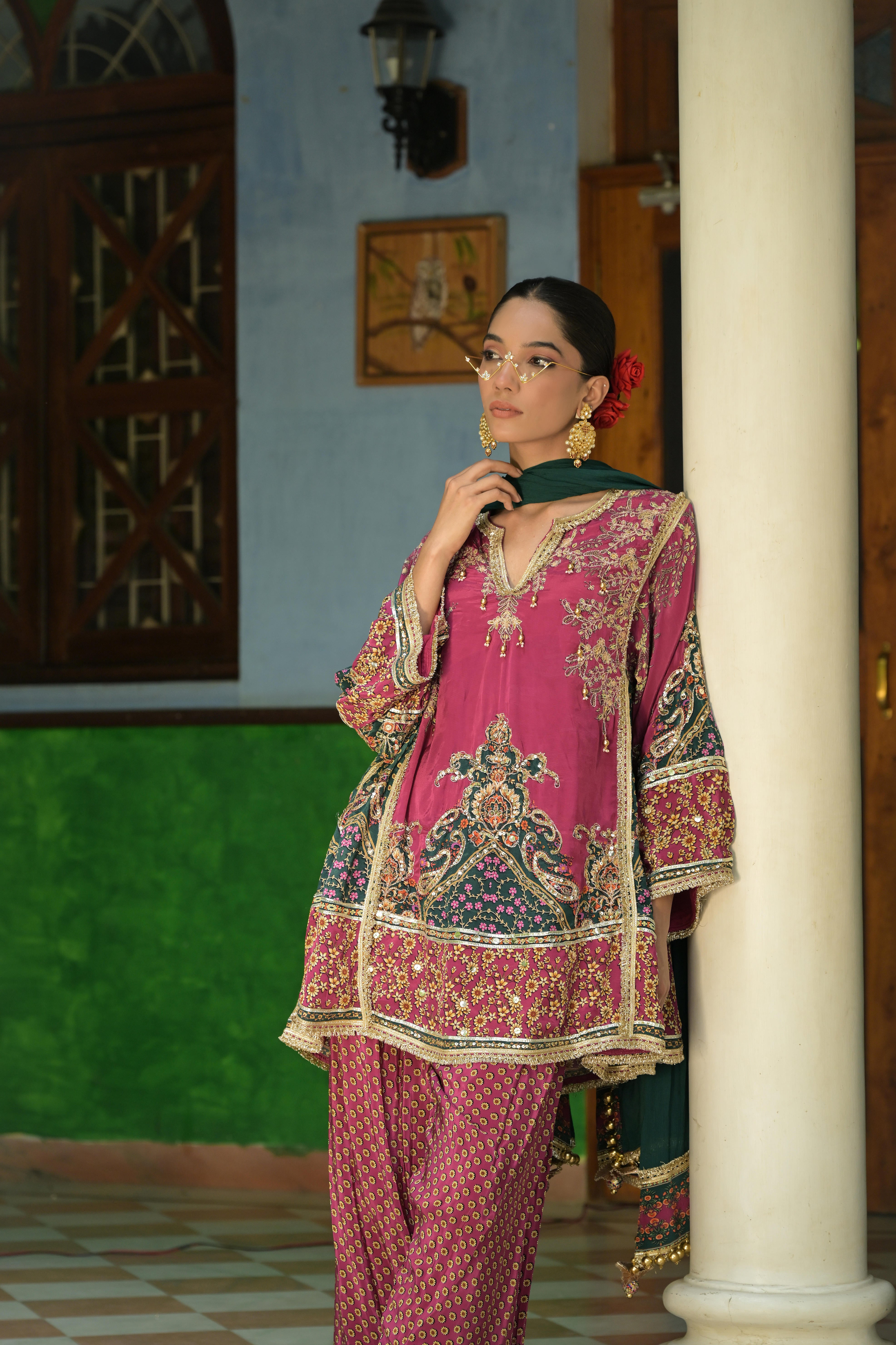 Rosy Pink Embellished Crepe Silk Salwar Set