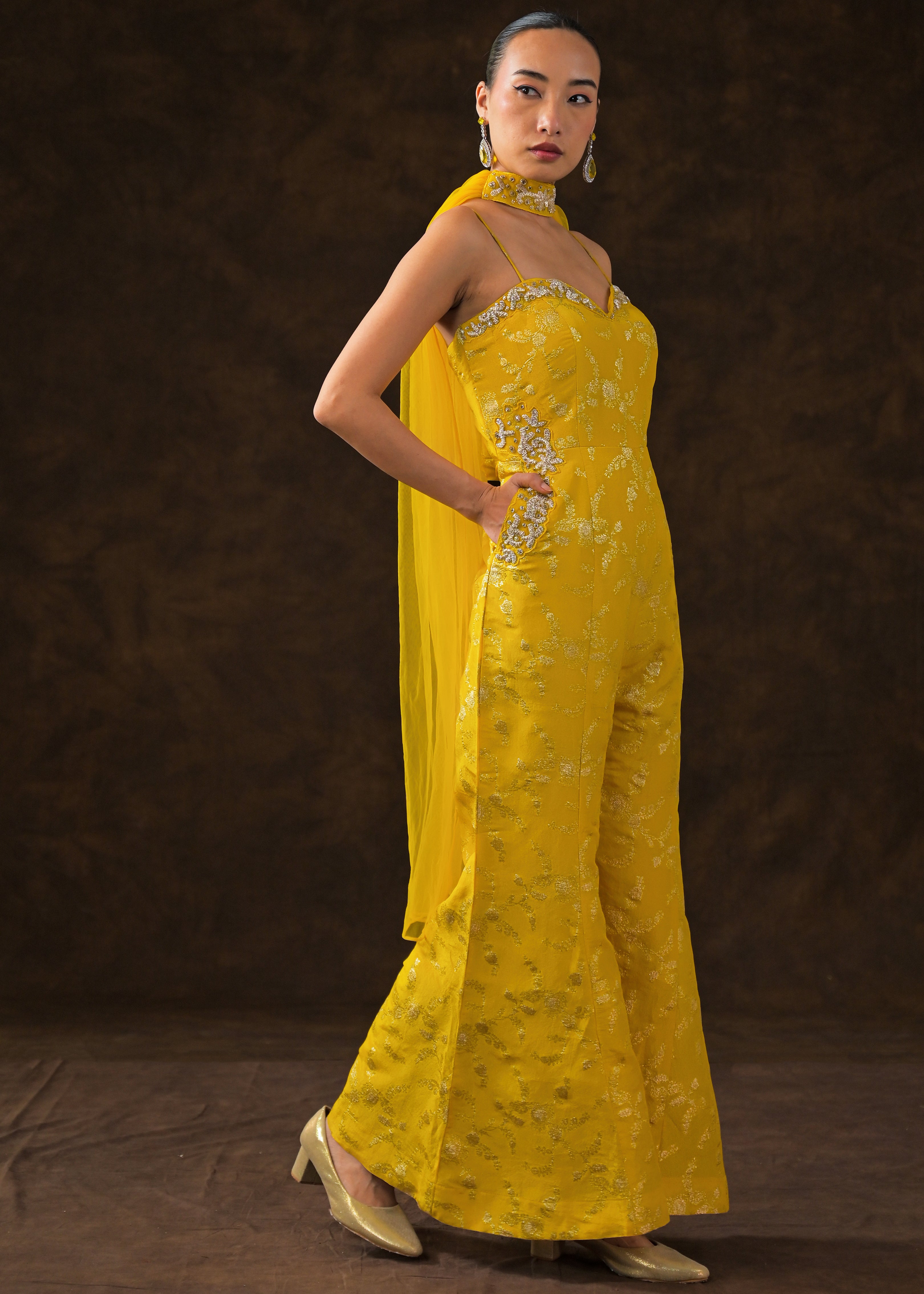 Canary Yellow Embellished Brocade Silk Jumpsuit Set