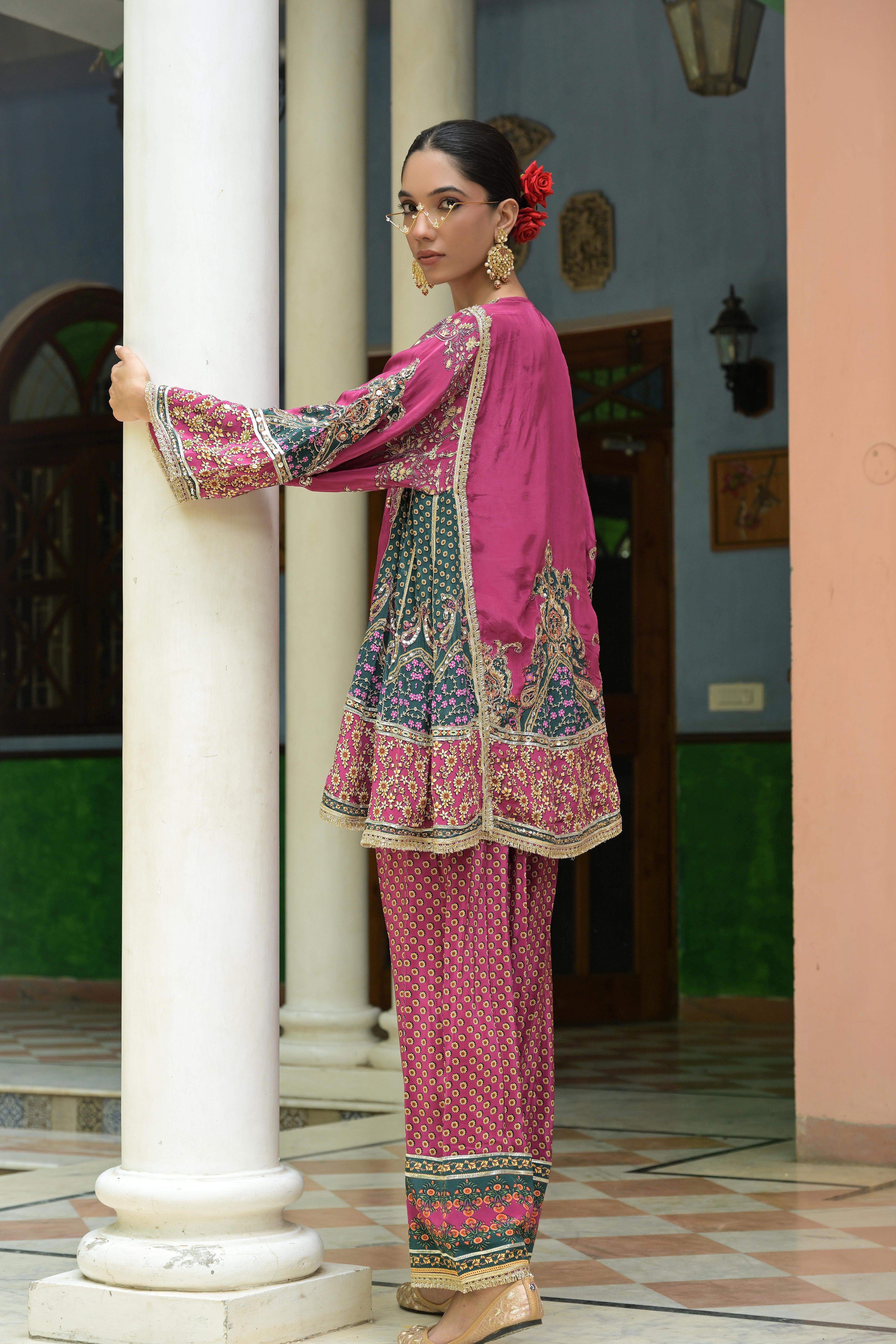 Rosy Pink Embellished Crepe Silk Salwar Set