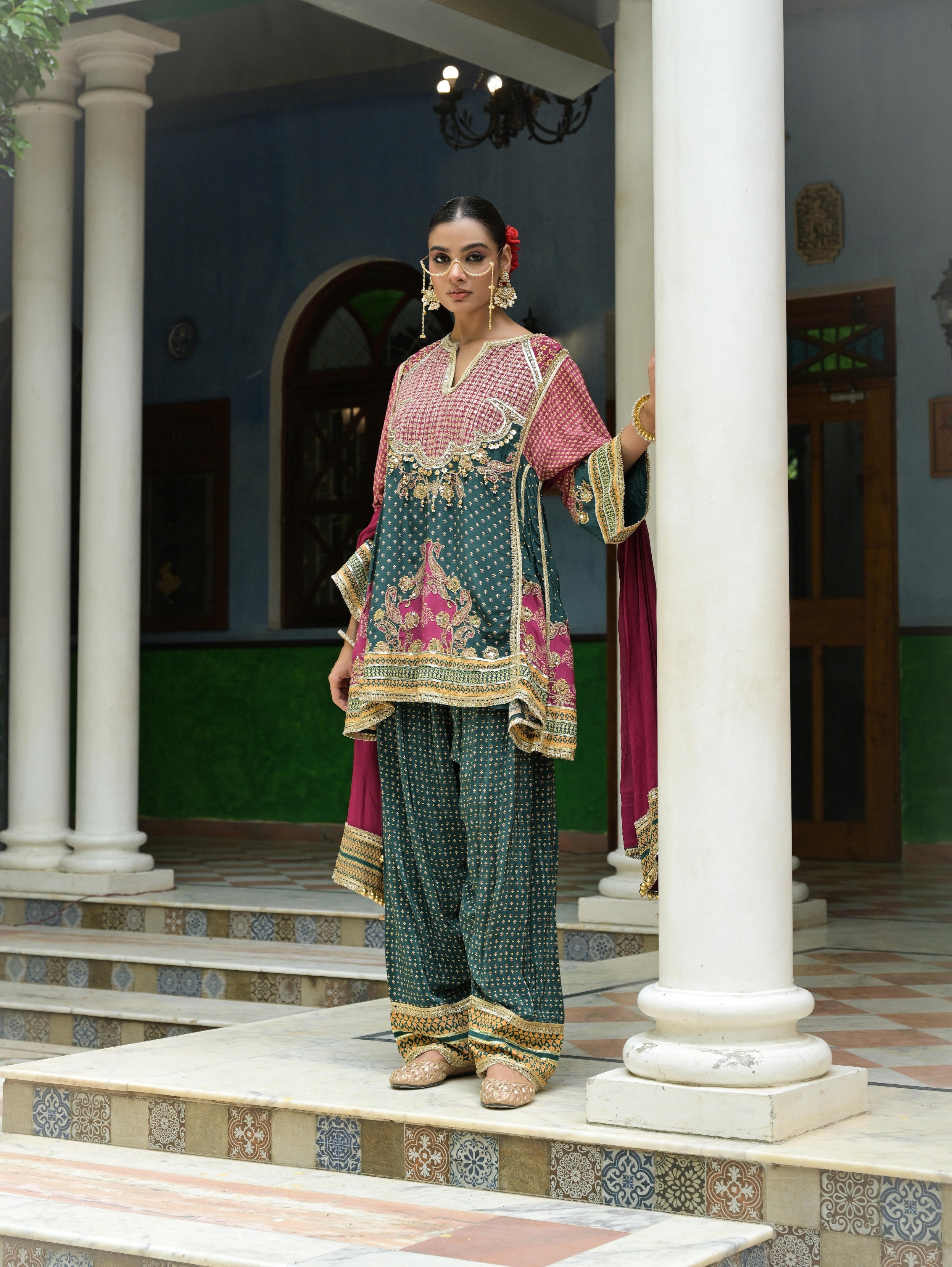 Emerald Green Embellished Crepe Silk Salwar Set