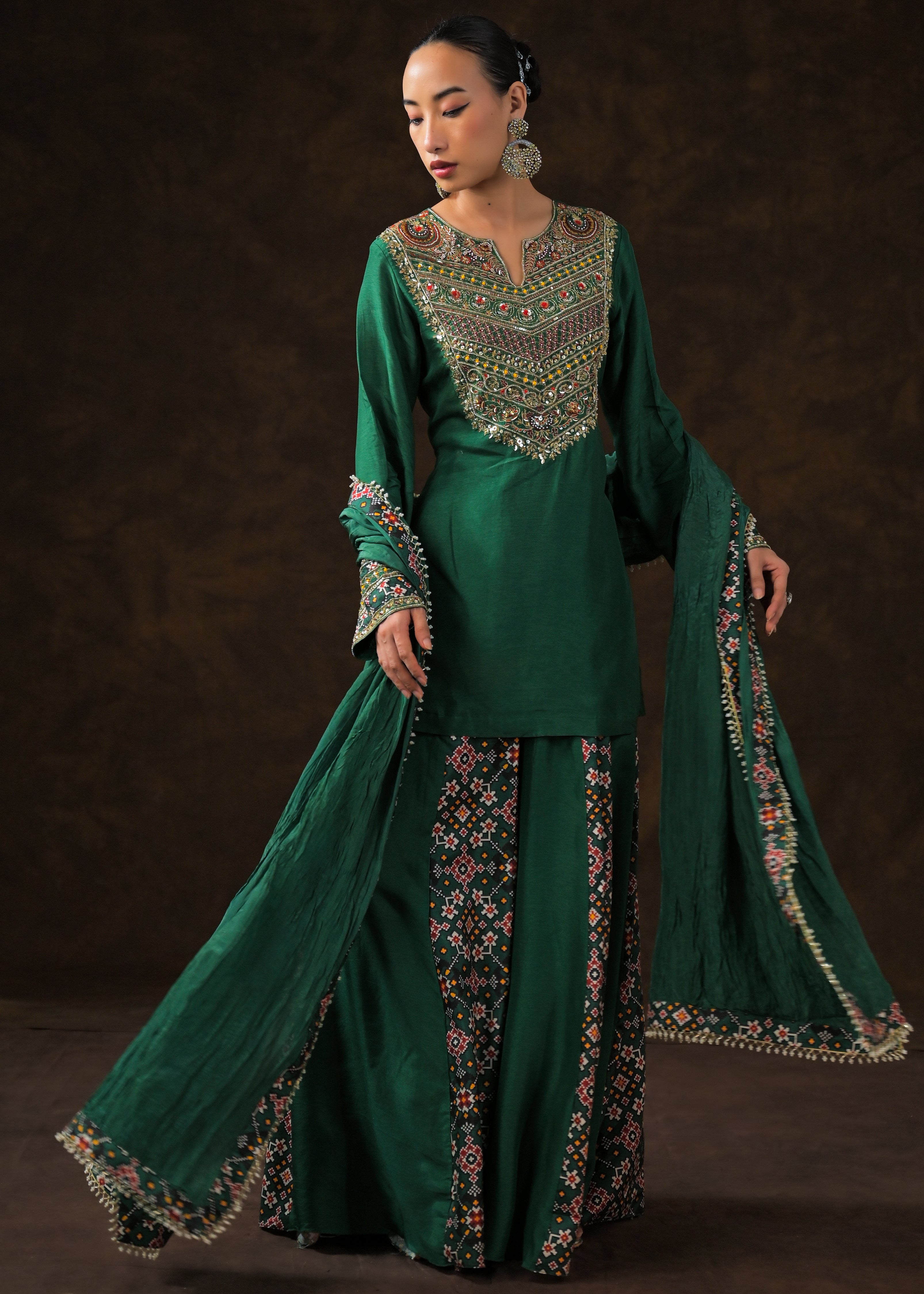 Emerald Green Embellished Raw Silk Palazzo Set