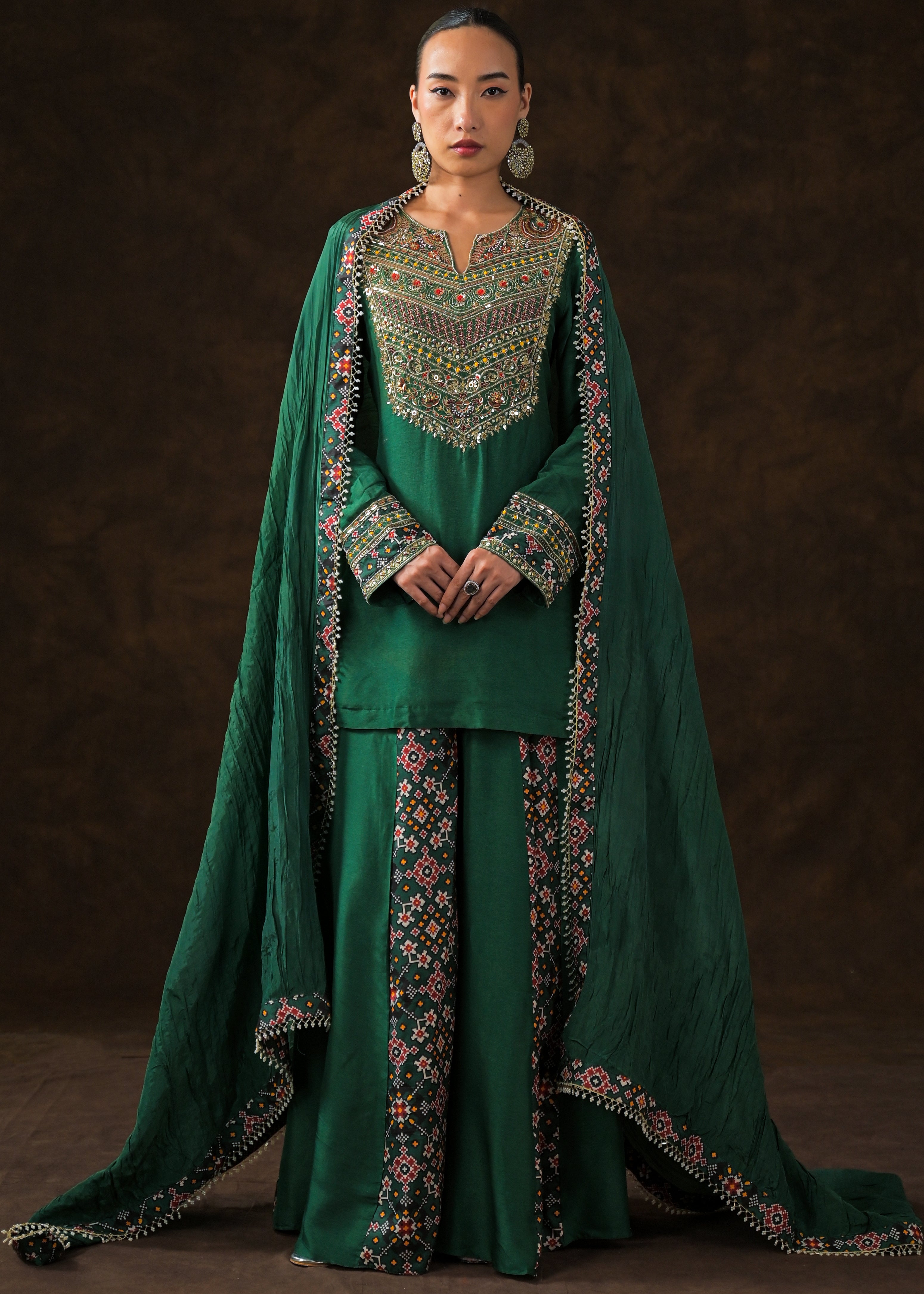 Emerald Green Embellished Raw Silk Palazzo Set