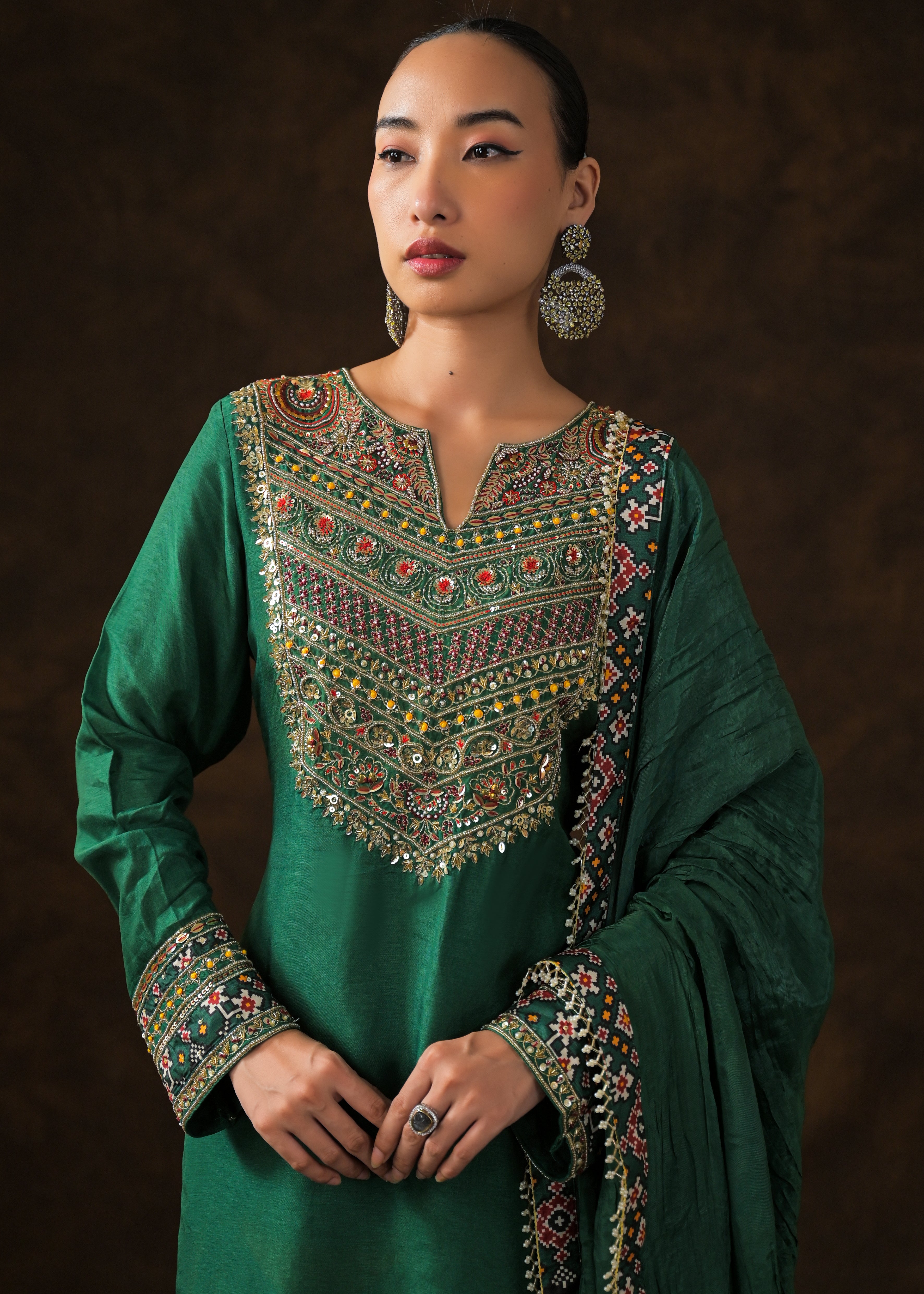 Emerald Green Embellished Raw Silk Palazzo Set