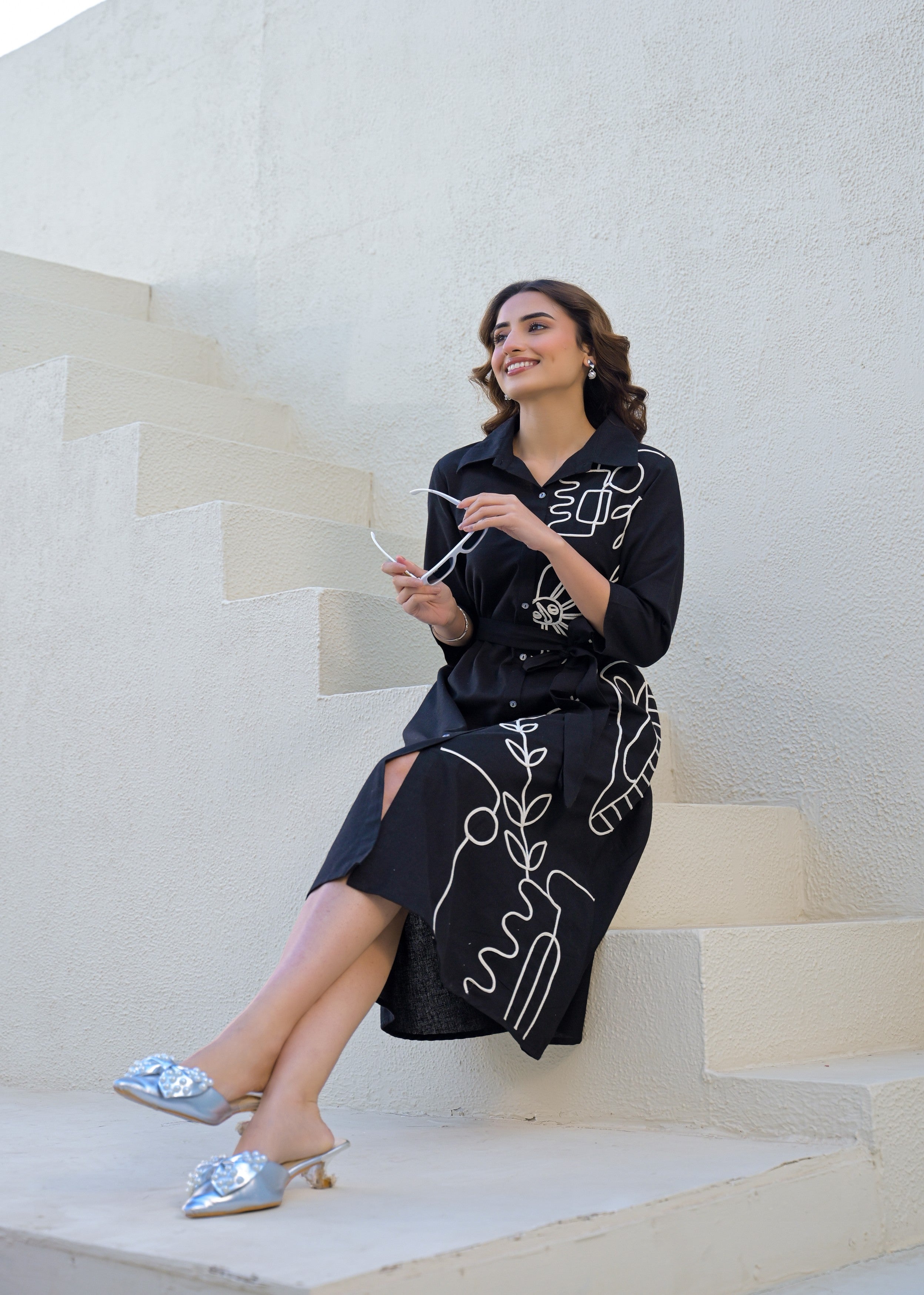 Black Abstract Line Art Cotton Shirt Dress
