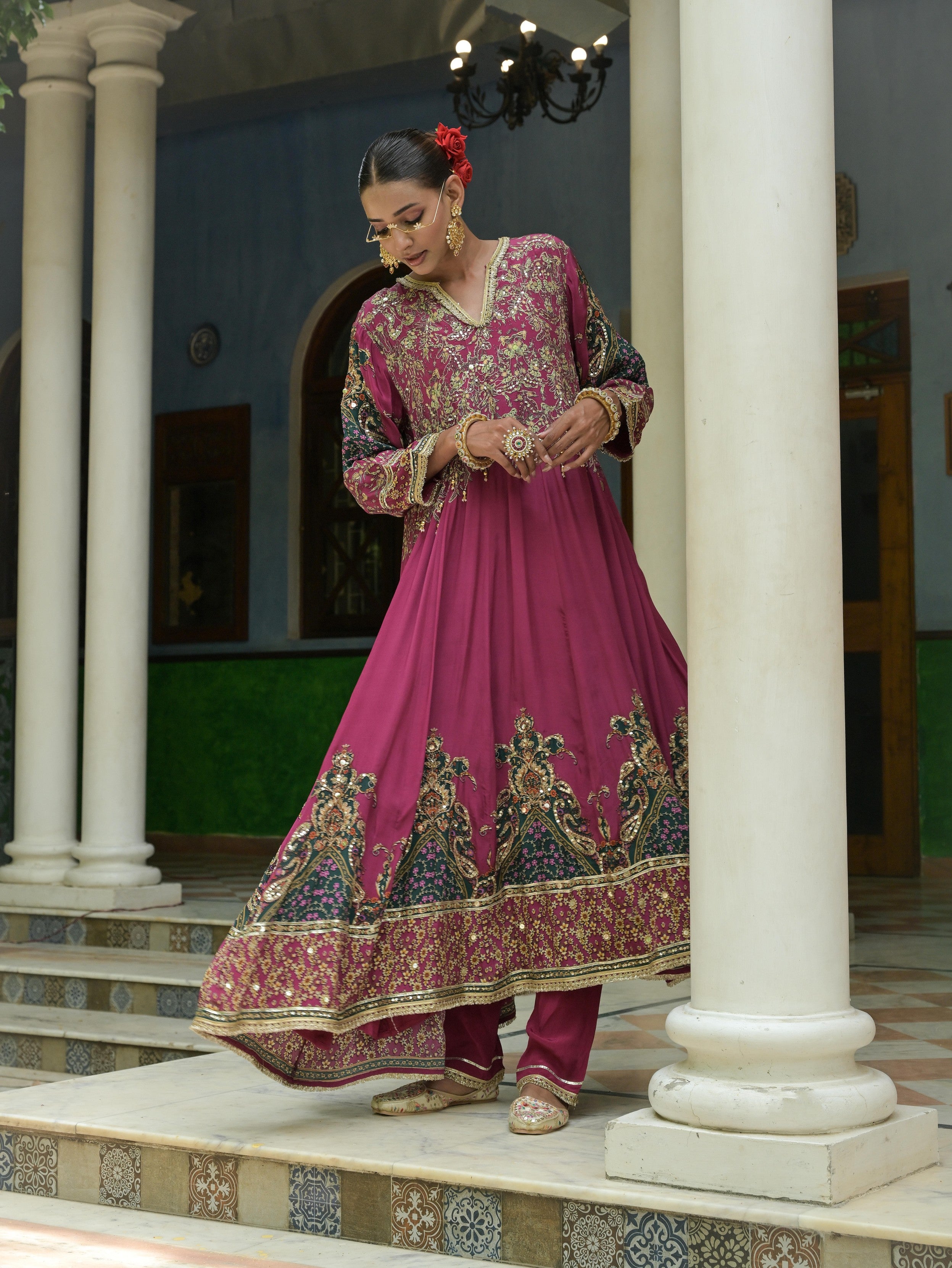 Rosy Pink Embellished Crepe Silk Anarkali Set