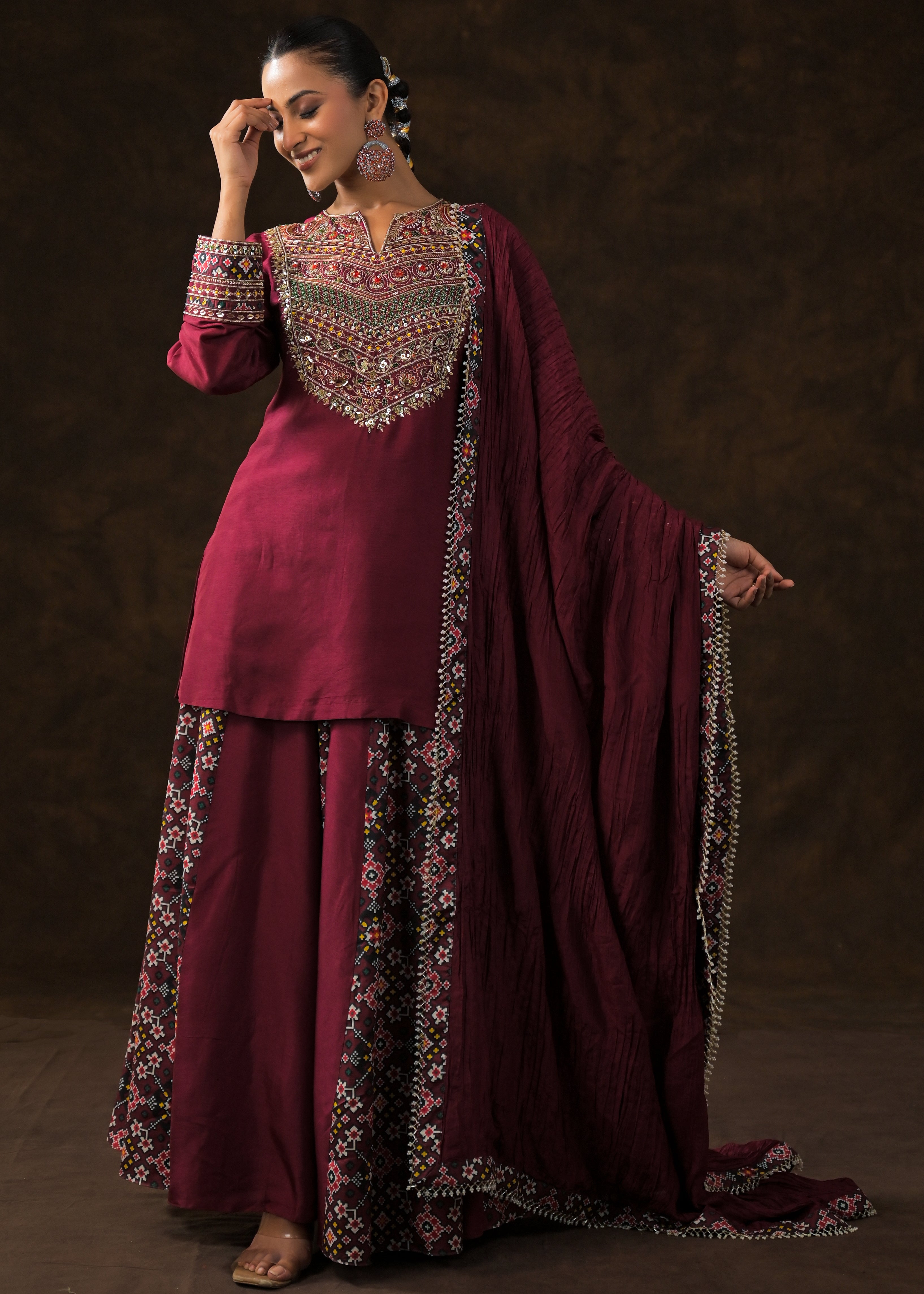 Magestic Maroon Embellished Raw Silk Palazzo Set