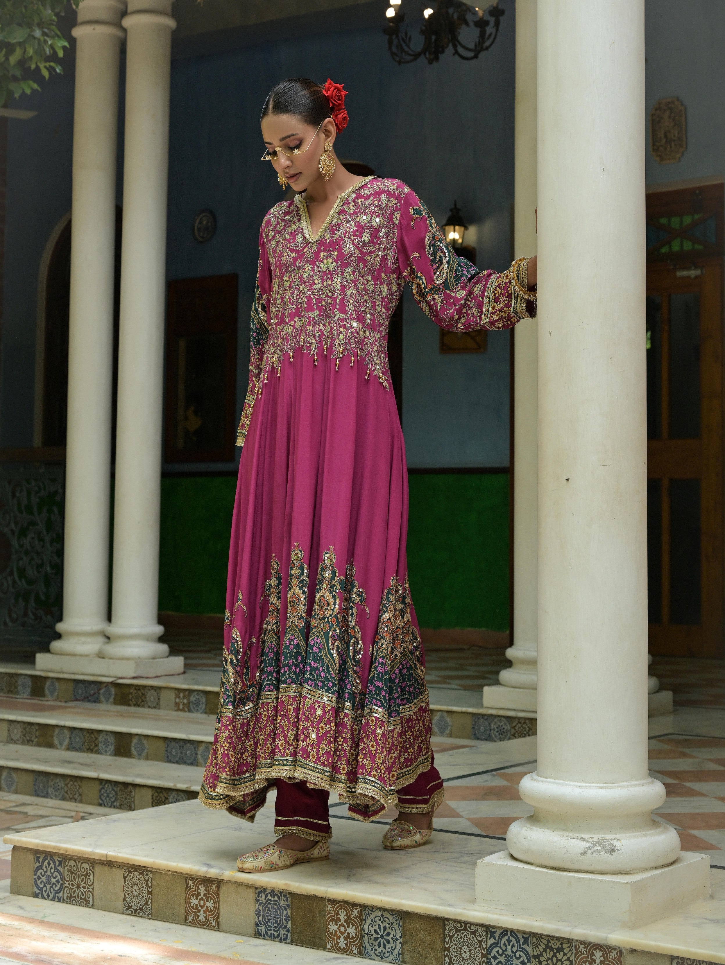 Rosy Pink Embellished Crepe Silk Anarkali Set