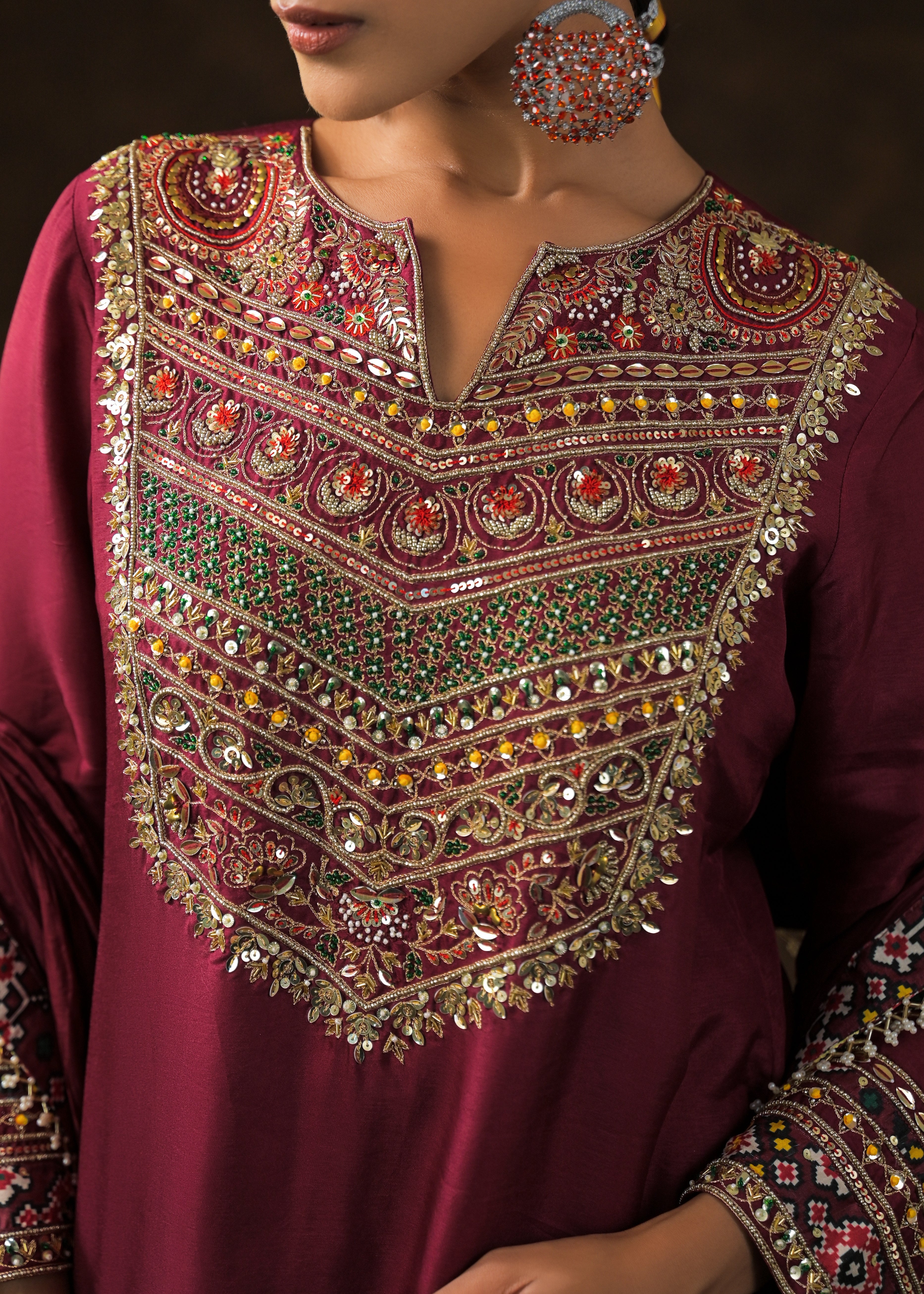 Magestic Maroon Embellished Raw Silk Palazzo Set