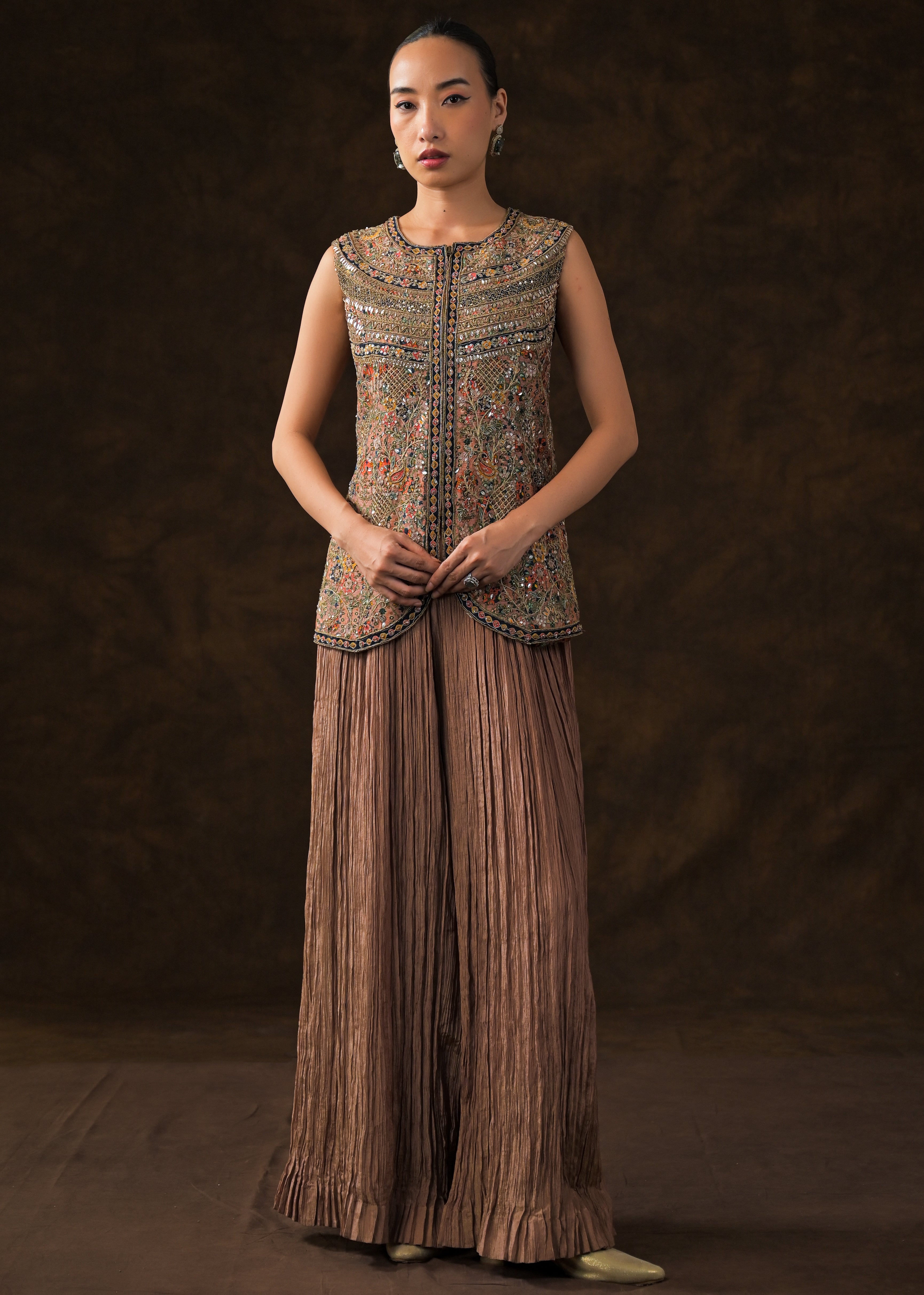 Chocolate Brown Embellished Shimmer Tissue Silk Palazzo Set