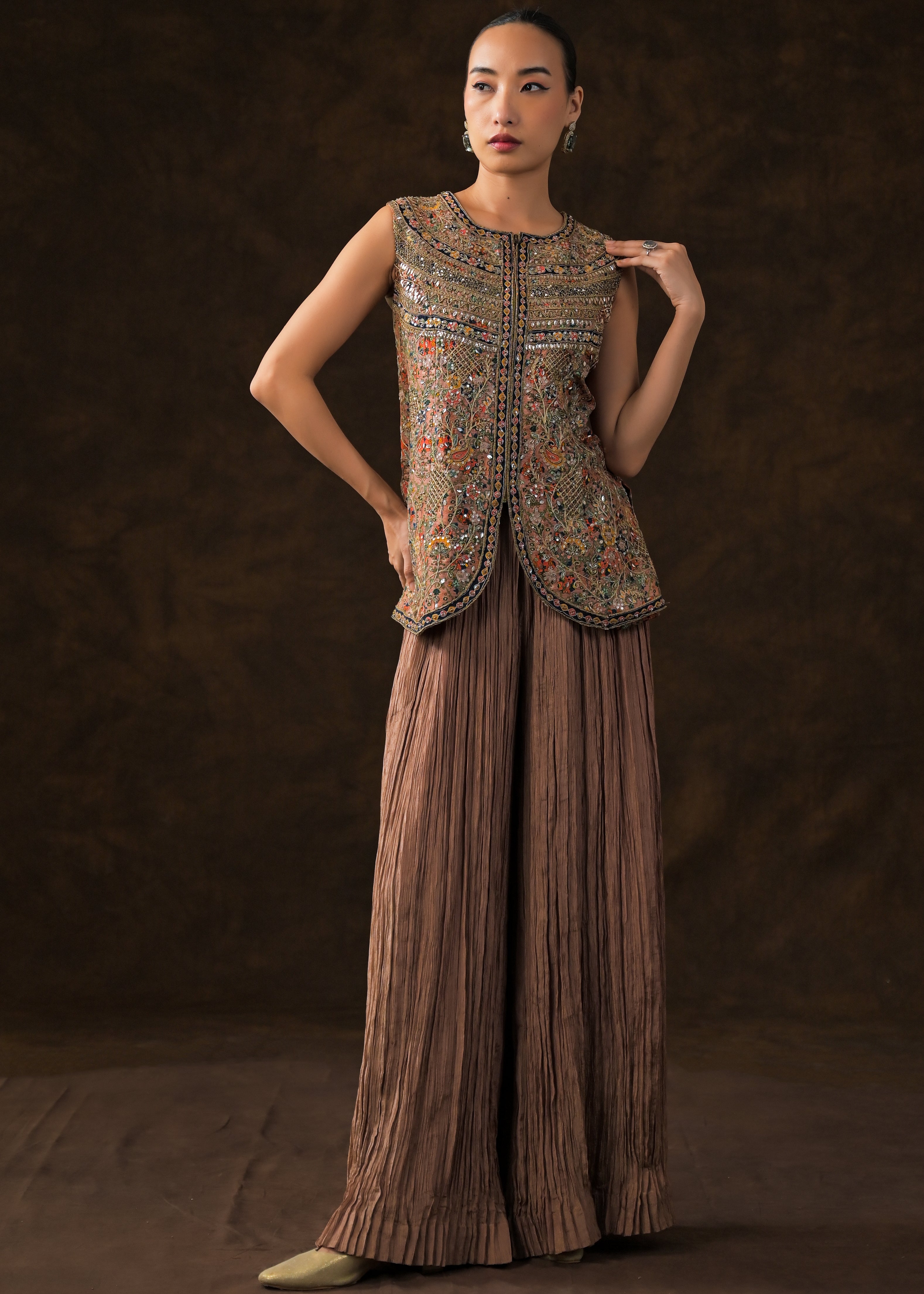 Chocolate Brown Embellished Shimmer Tissue Silk Palazzo Set