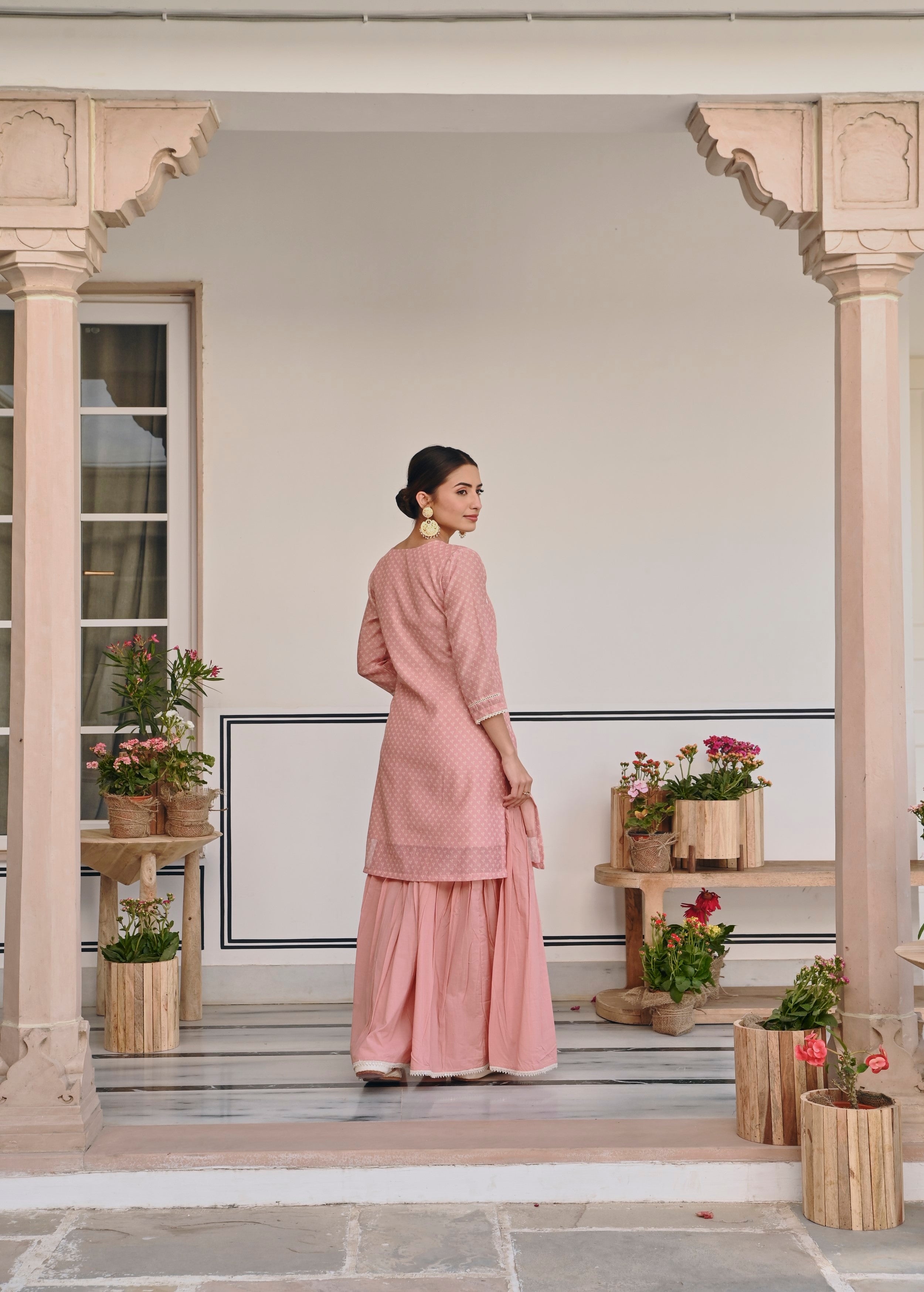 Peach Embroidered Chanderi Silk Sharara Set