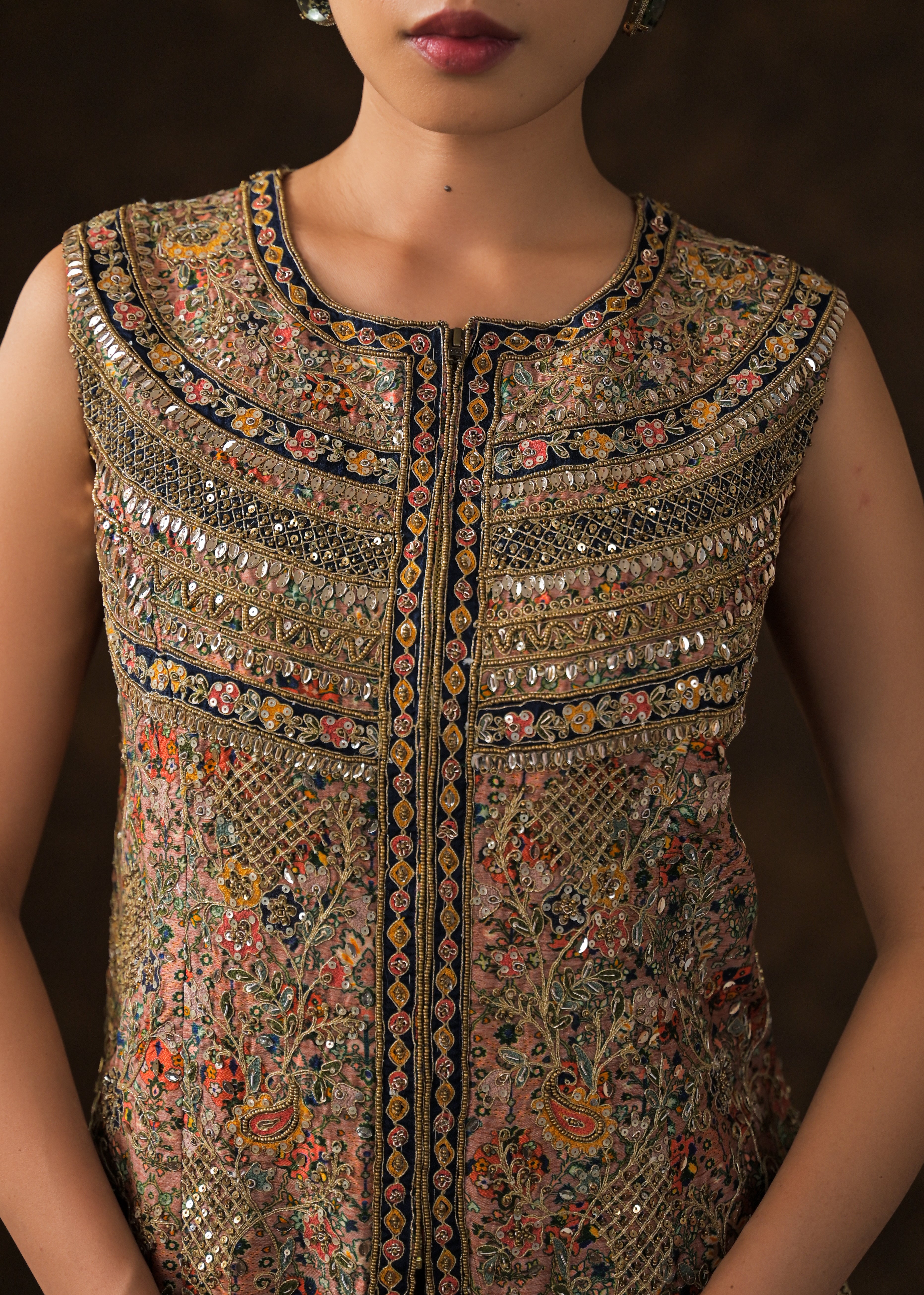 Chocolate Brown Embellished Shimmer Tissue Silk Palazzo Set