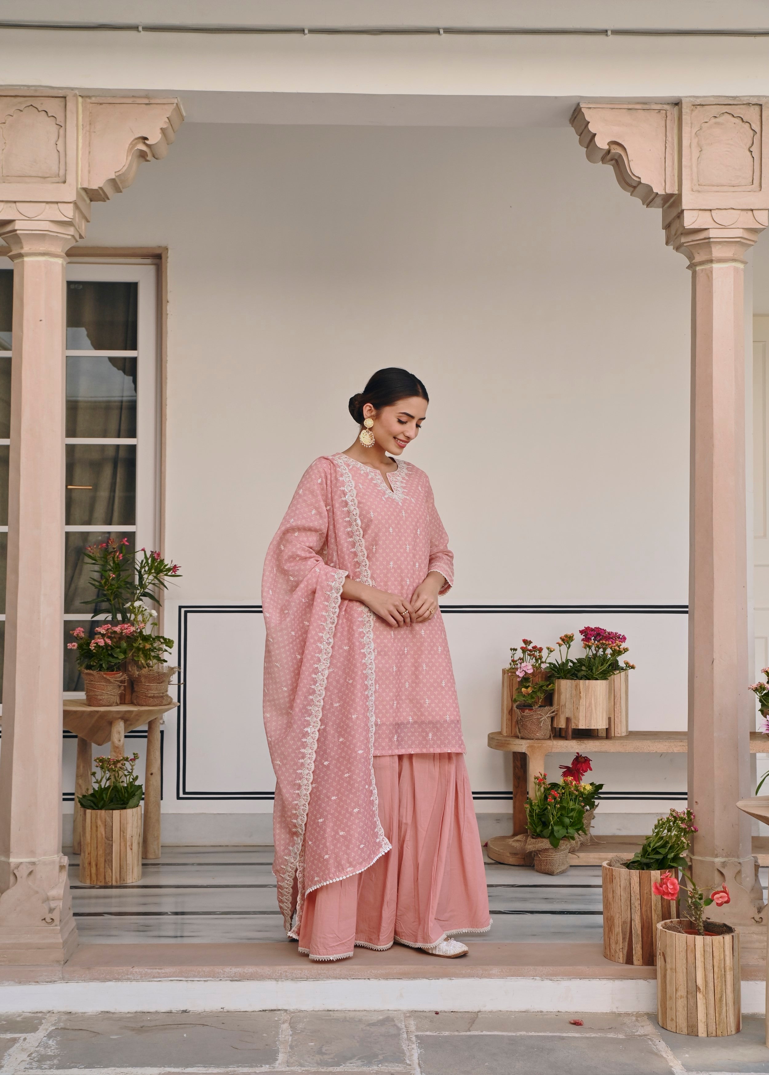 Peach Embroidered Chanderi Silk Sharara Set