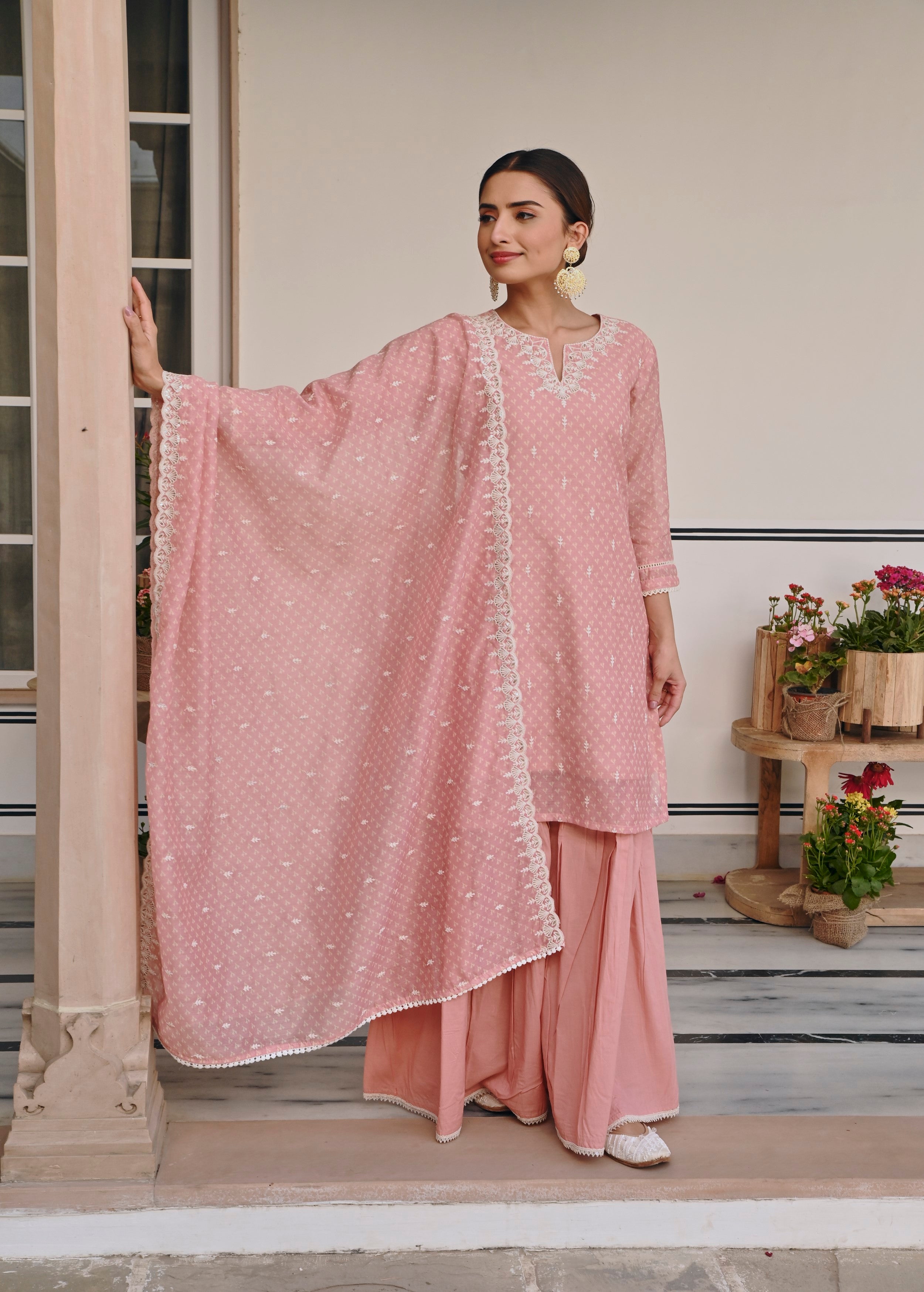 Peach Embroidered Chanderi Silk Sharara Set