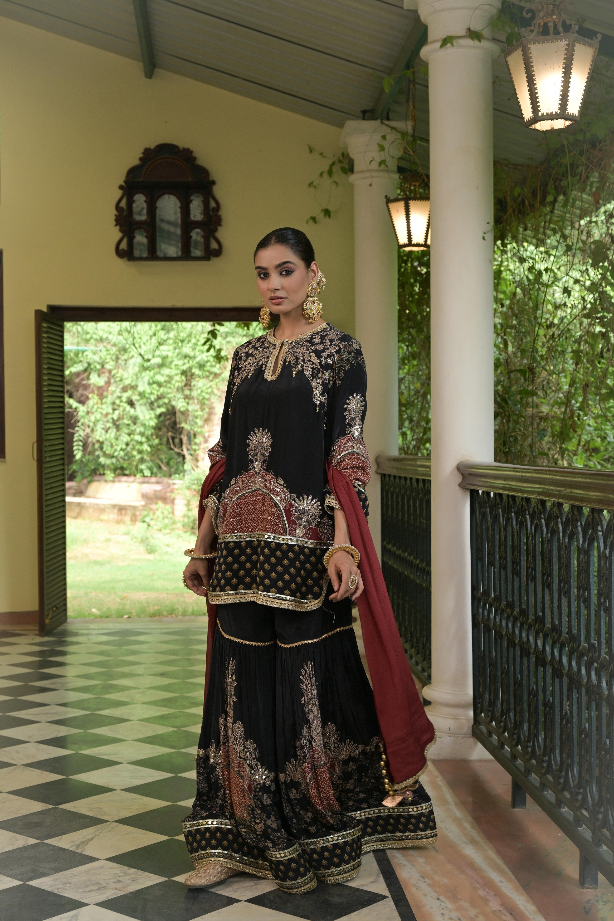 Black & Crimson Embellished Crepe Silk Sharara Set