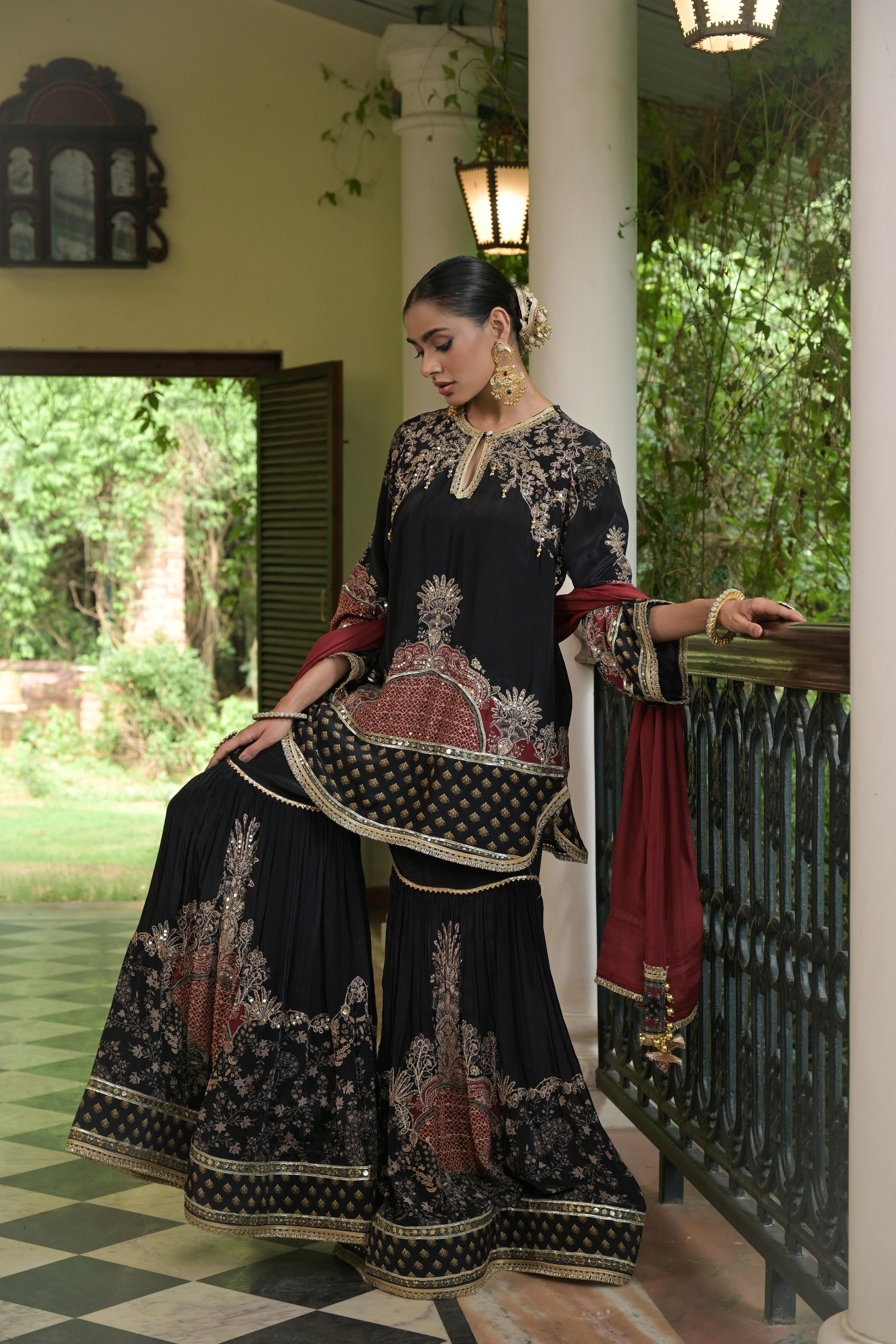 Black & Crimson Embellished Crepe Silk Sharara Set