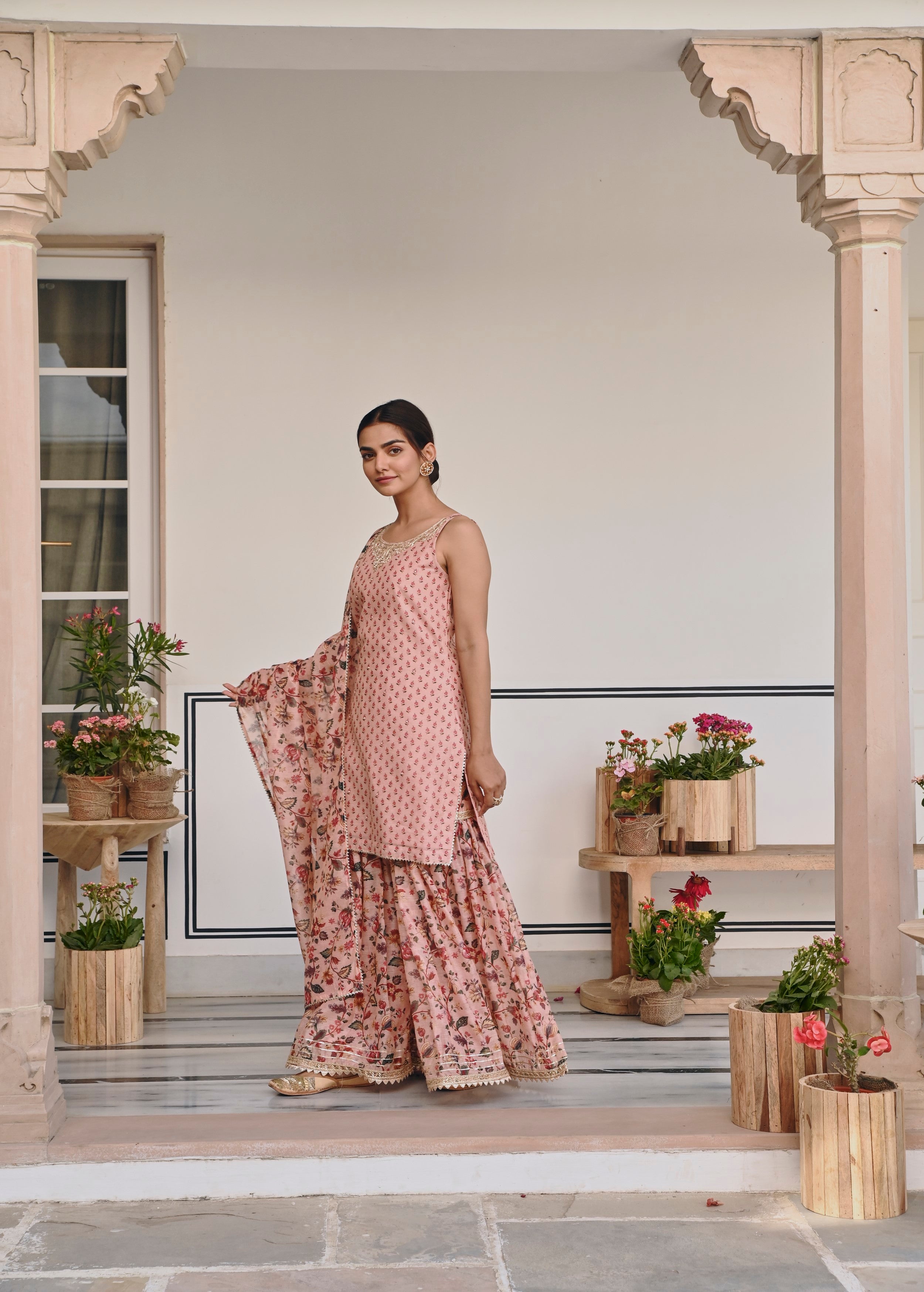 Light Pink Embellished Chanderi Silk Sharara Set