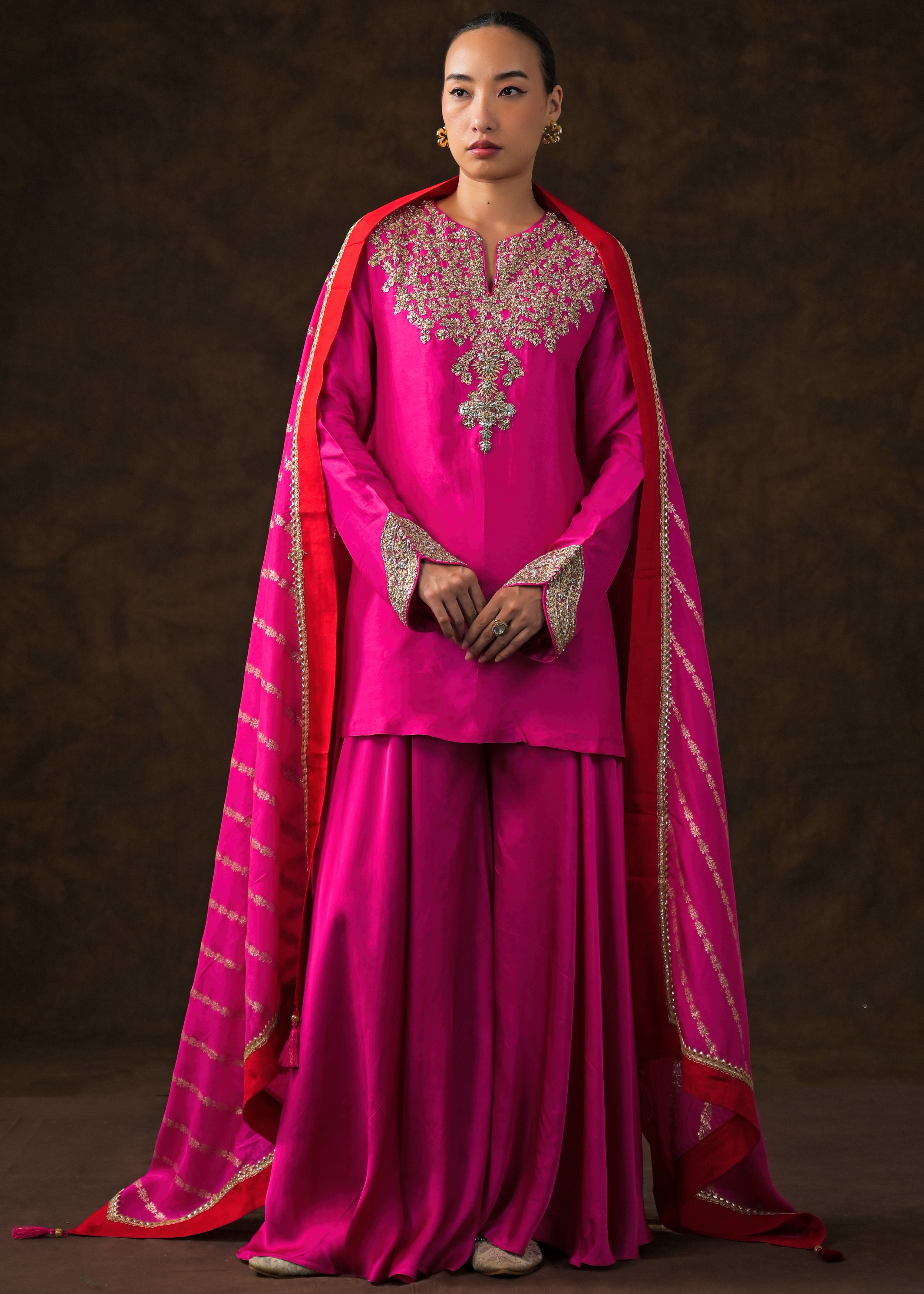 Rich Pink Embellished Raw Silk Palazzo Set