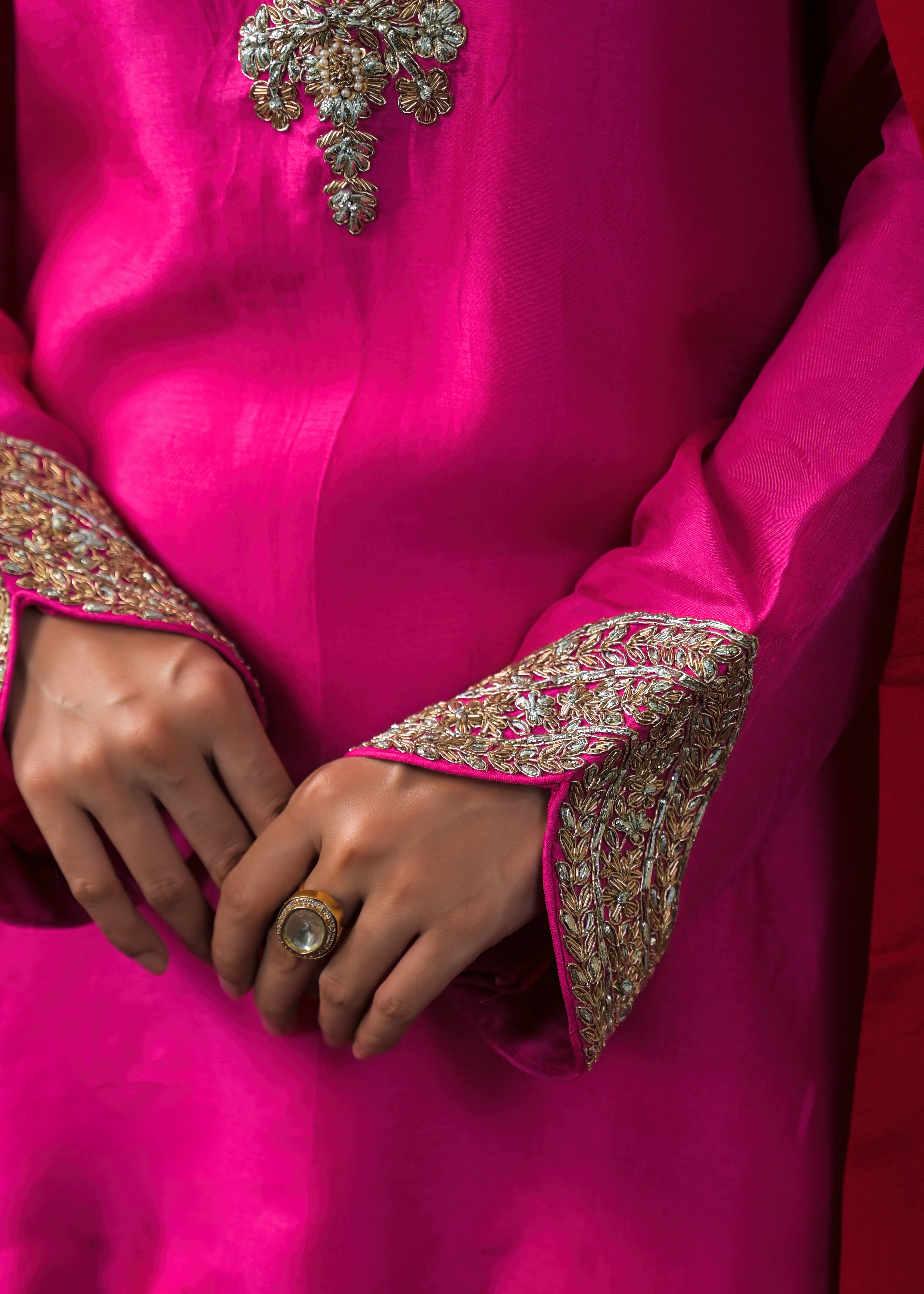 Rich Pink Embellished Raw Silk Palazzo Set